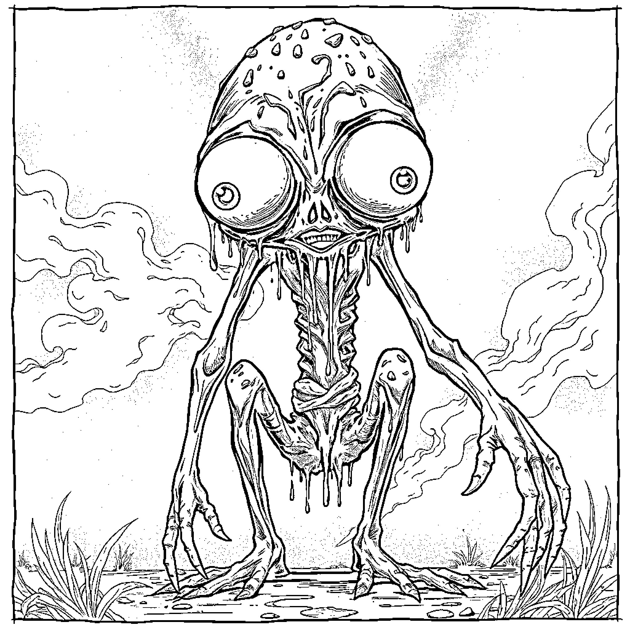 Humanoid creature with bizarre features and appendages Coloring Page (free black-and-white line drawing printable PDF for all, from beginners to advanced learners, including children, teens, adults, and seniors)