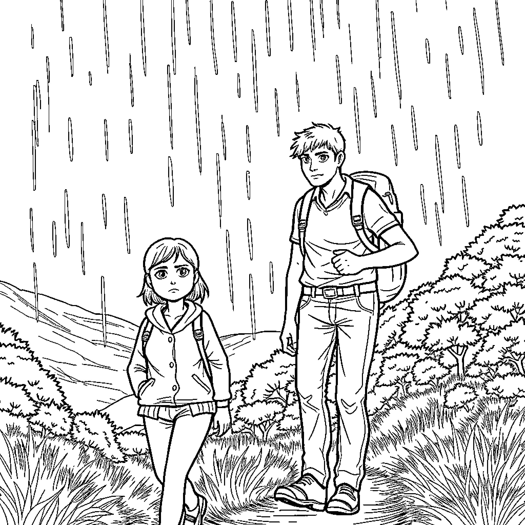 Hiking through the rainy forest with friends Coloring Page (free black-and-white line drawing printable PDF for all, from beginners to advanced learners, including children, teens, adults, and seniors)