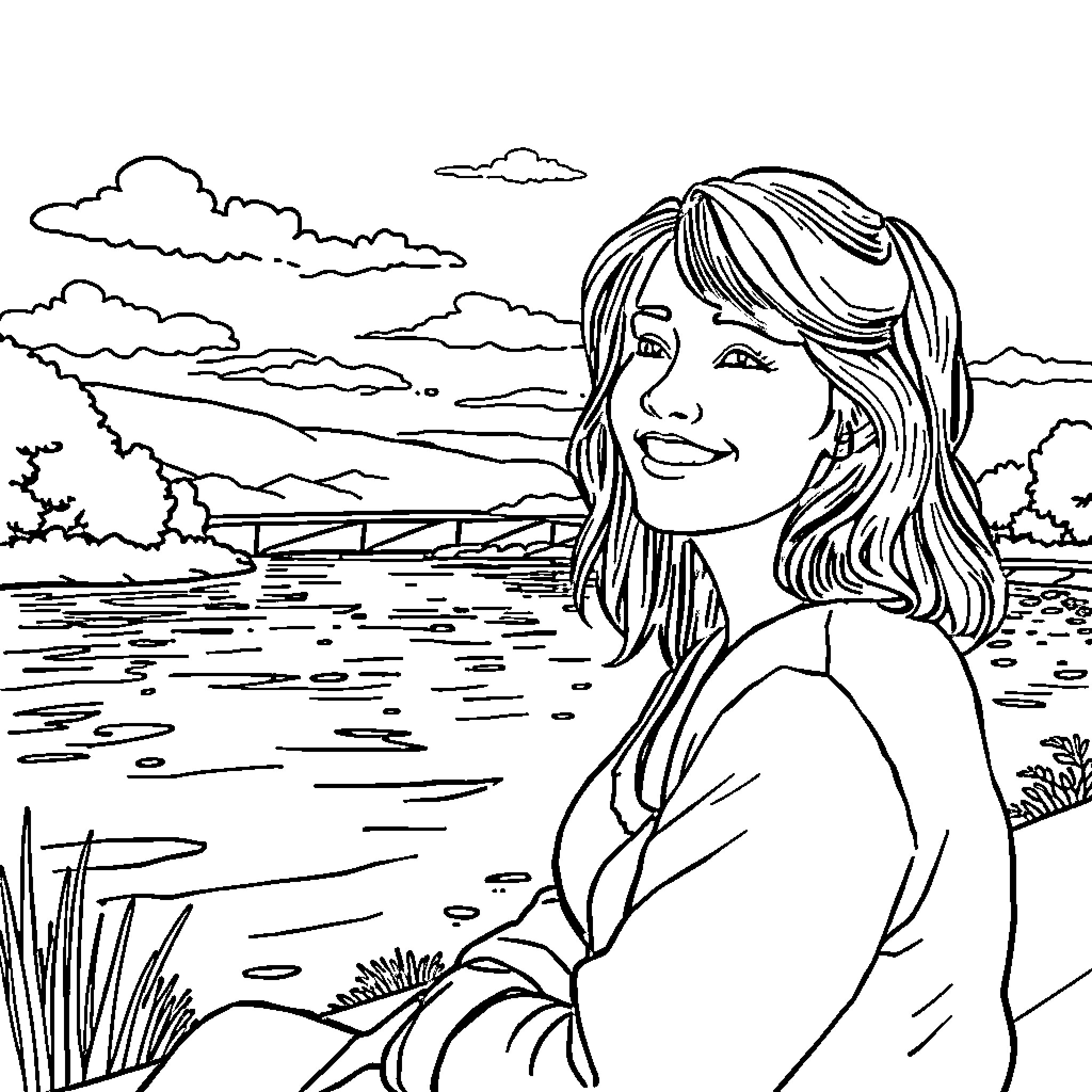 Gelinis woman enjoying the scenic landscape Coloring Page (free black-and-white line drawing printable PDF for all, from beginners to advanced learners, including children, teens, adults, and seniors)