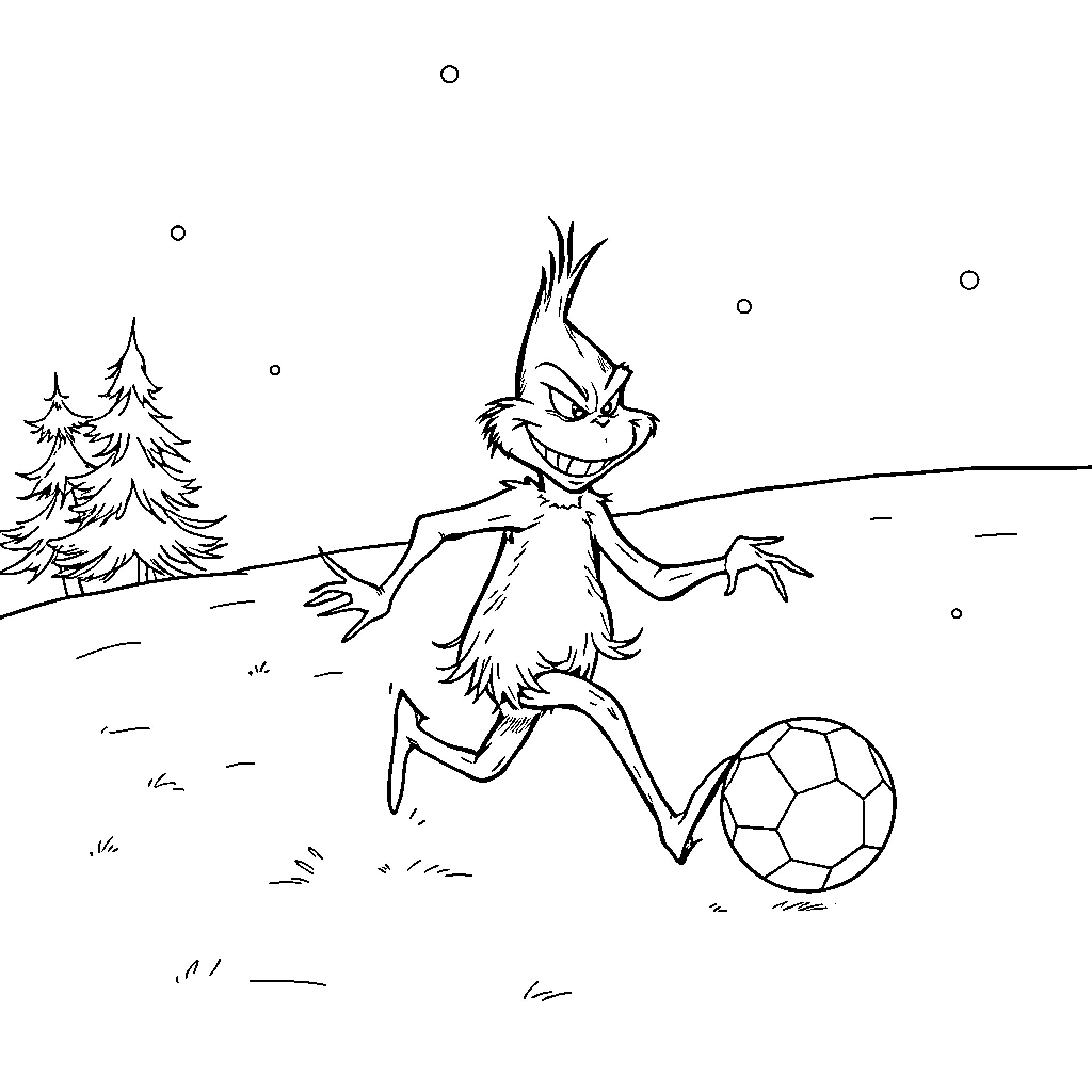 Grinch playing with a soccer ball in the snow Coloring Page (free black-and-white line drawing printable PDF for all, from beginners to advanced learners, including children, teens, adults, and seniors)