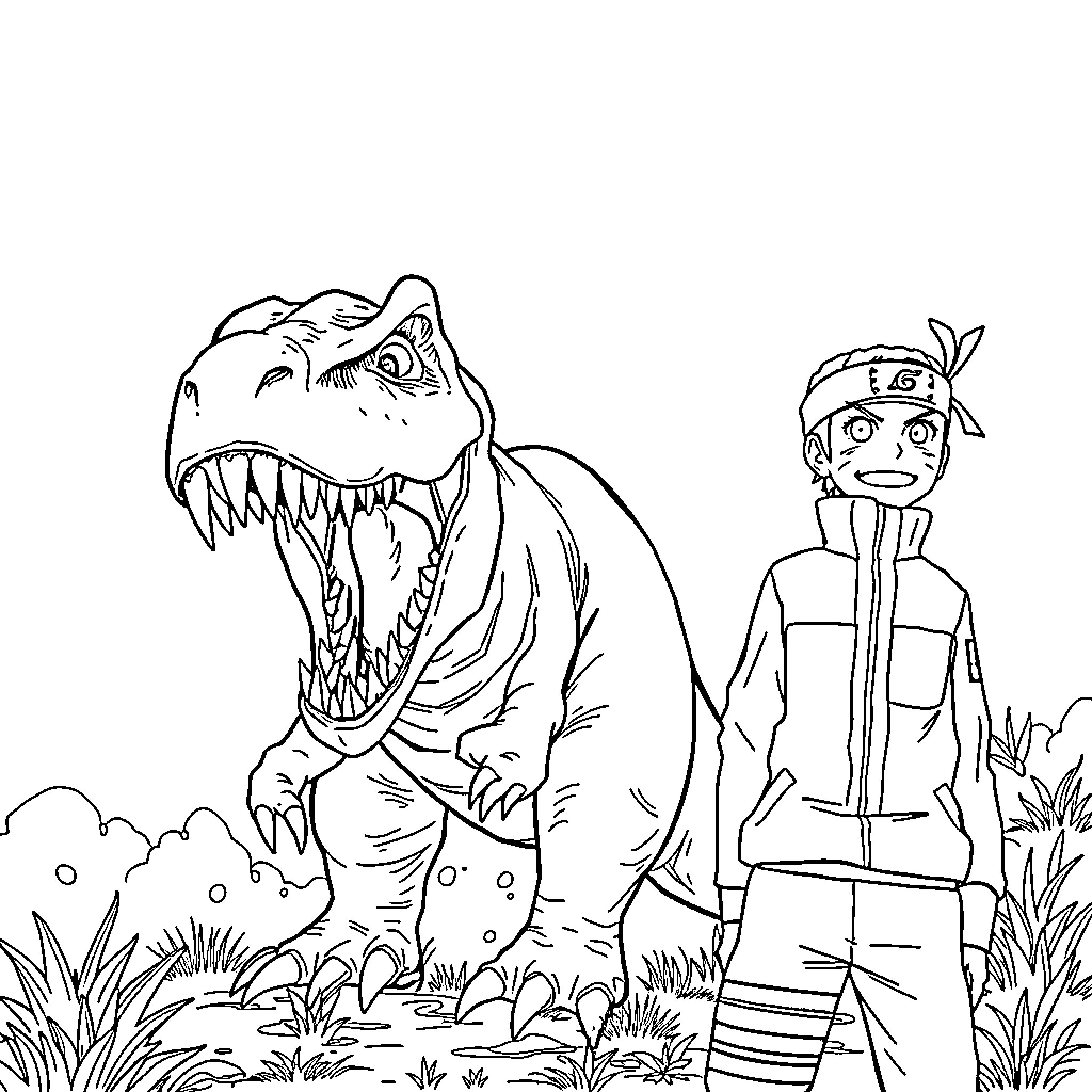 Dinosaur encounters curious explorer in lush forest Coloring Page (free black-and-white line drawing printable PDF for all, from beginners to advanced learners, including children, teens, adults, and seniors)