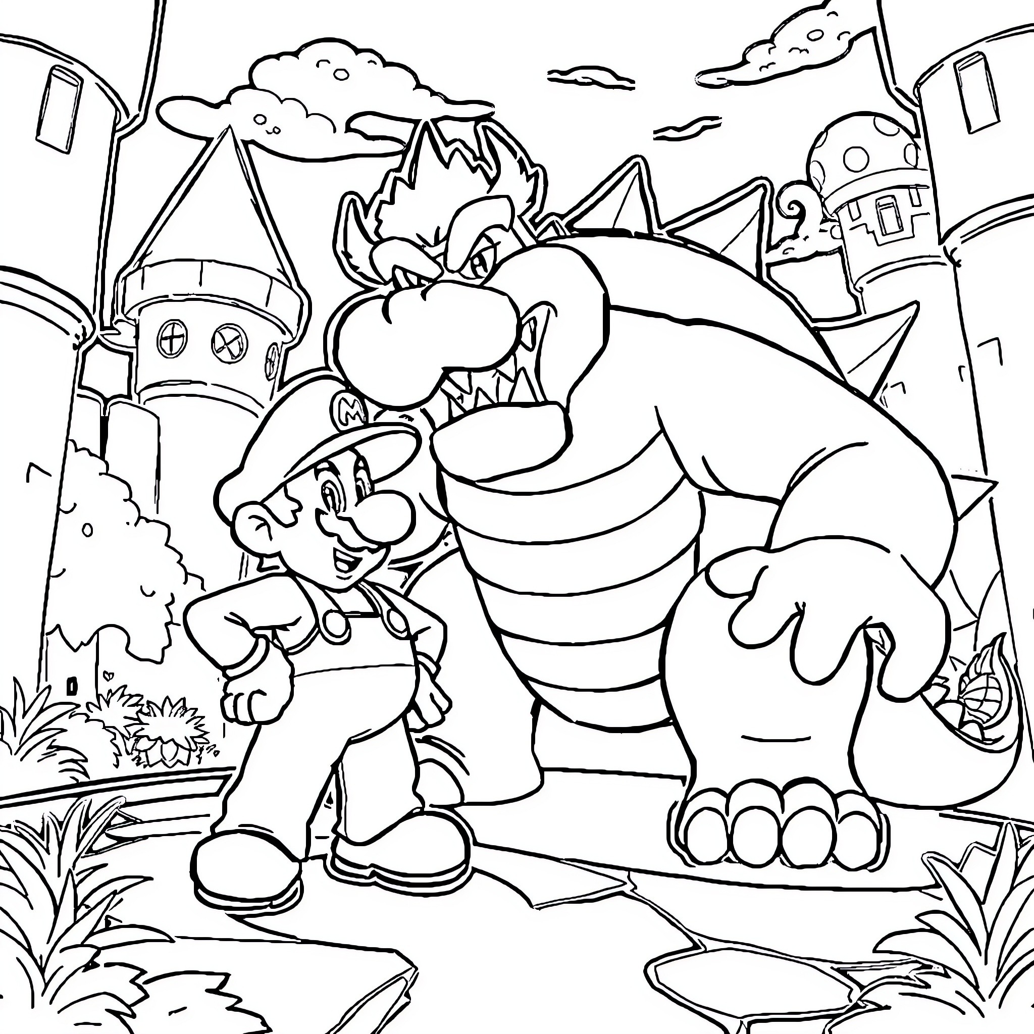 Mario fighting a giant monster in a fantasy world Coloring Page (free black-and-white line drawing printable PDF for all, from beginners to advanced learners, including children, teens, adults, and seniors)