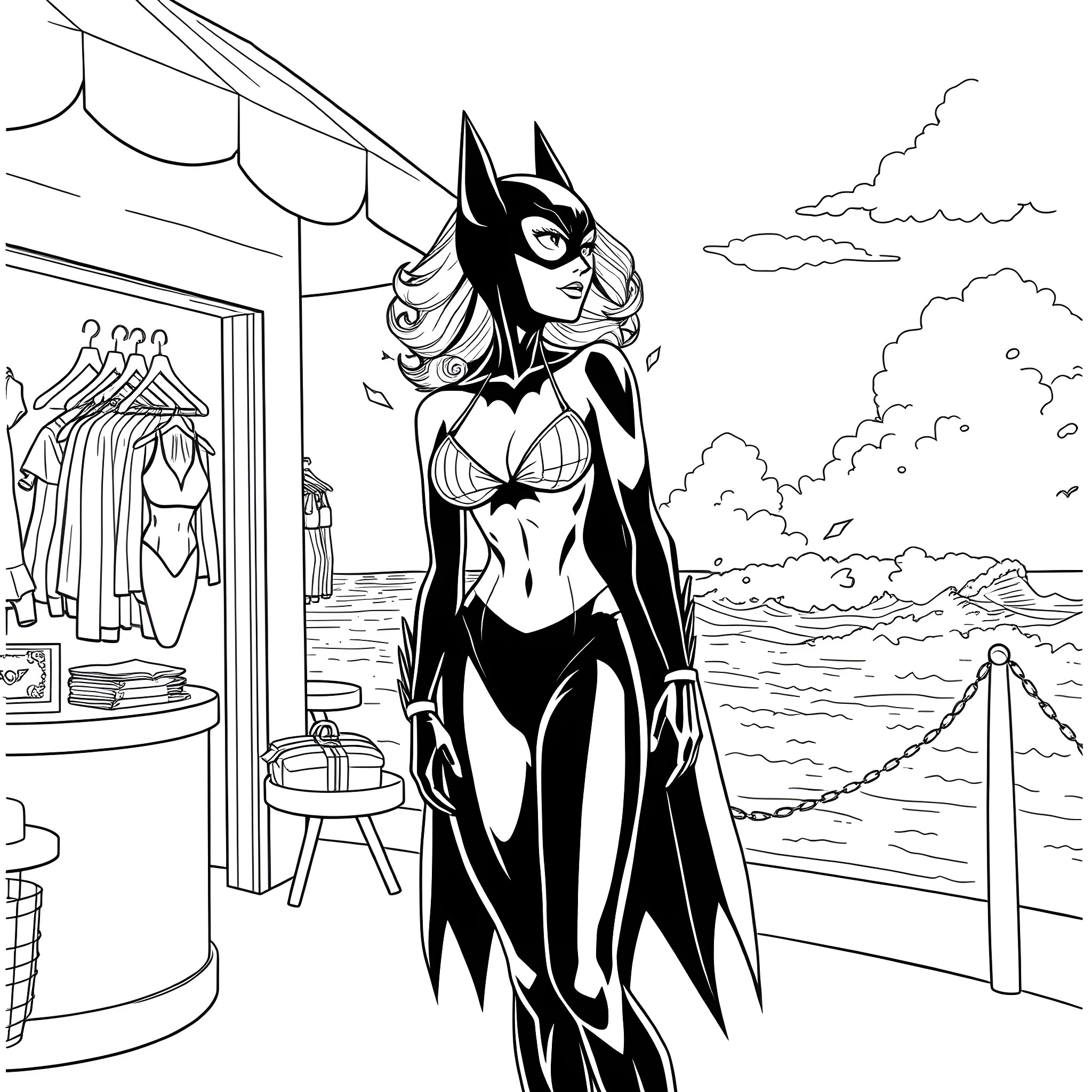 Batwoman in action-packed scene Coloring Page (free black-and-white line drawing printable PDF for all, from beginners to advanced learners, including children, teens, adults, and seniors)