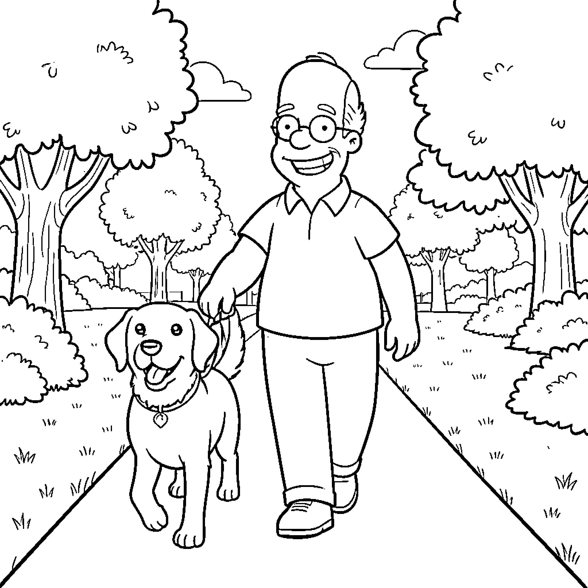 Grandpa Simpson taking a stroll with his loyal dog Coloring Page (free black-and-white line drawing printable PDF for all, from beginners to advanced learners, including children, teens, adults, and seniors)
