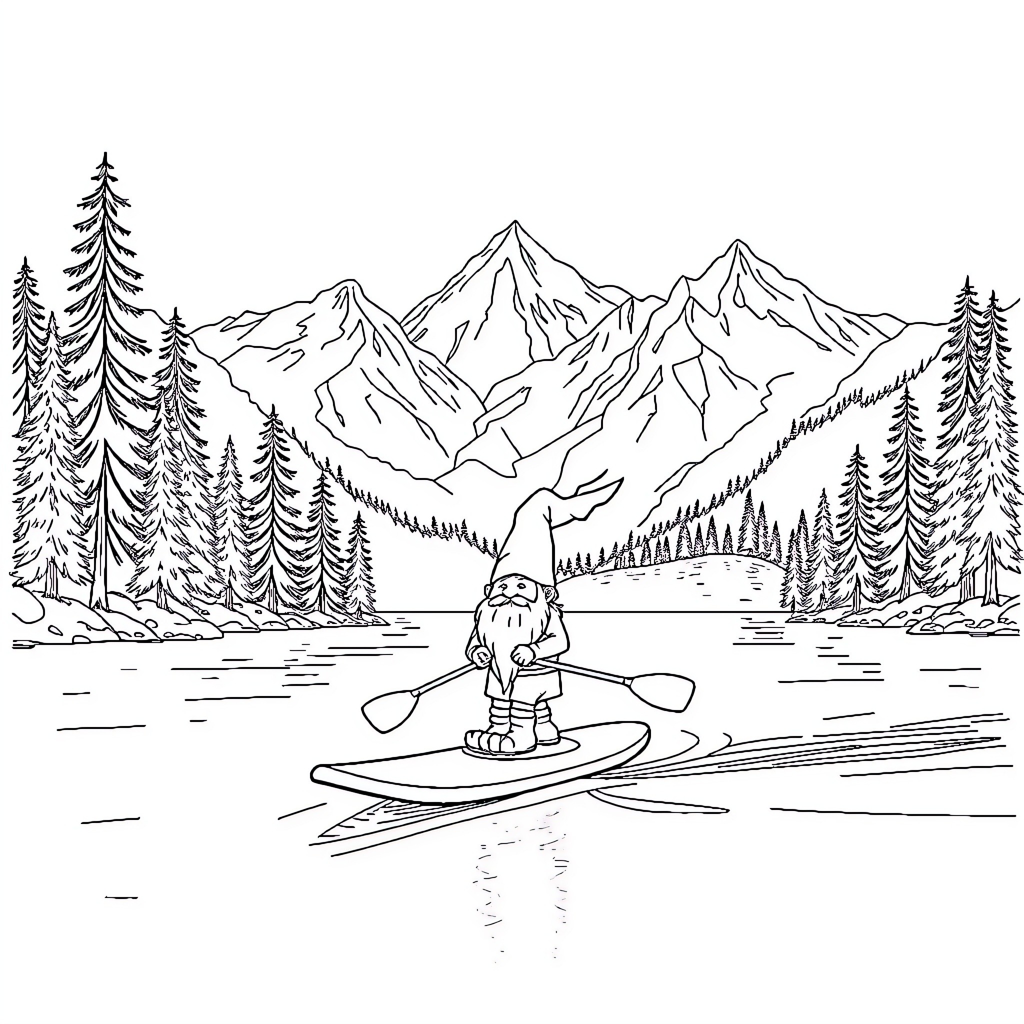 Gnome paddling on a lake with snowy mountains Coloring Page (free black-and-white line drawing printable PDF for all, from beginners to advanced learners, including children, teens, adults, and seniors)
