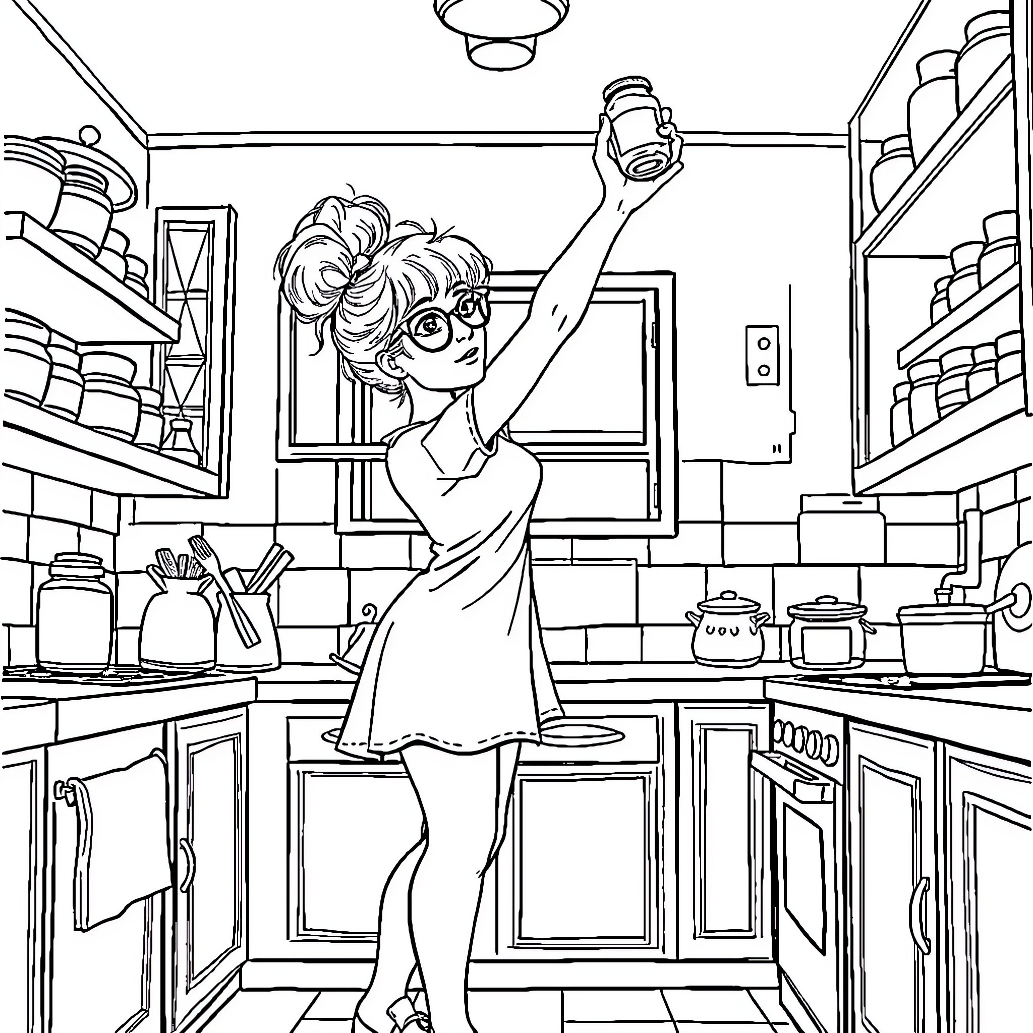 Lady dancing joyfully in the kitchen Coloring Page (free black-and-white line drawing printable PDF for all, from beginners to advanced learners, including children, teens, adults, and seniors)