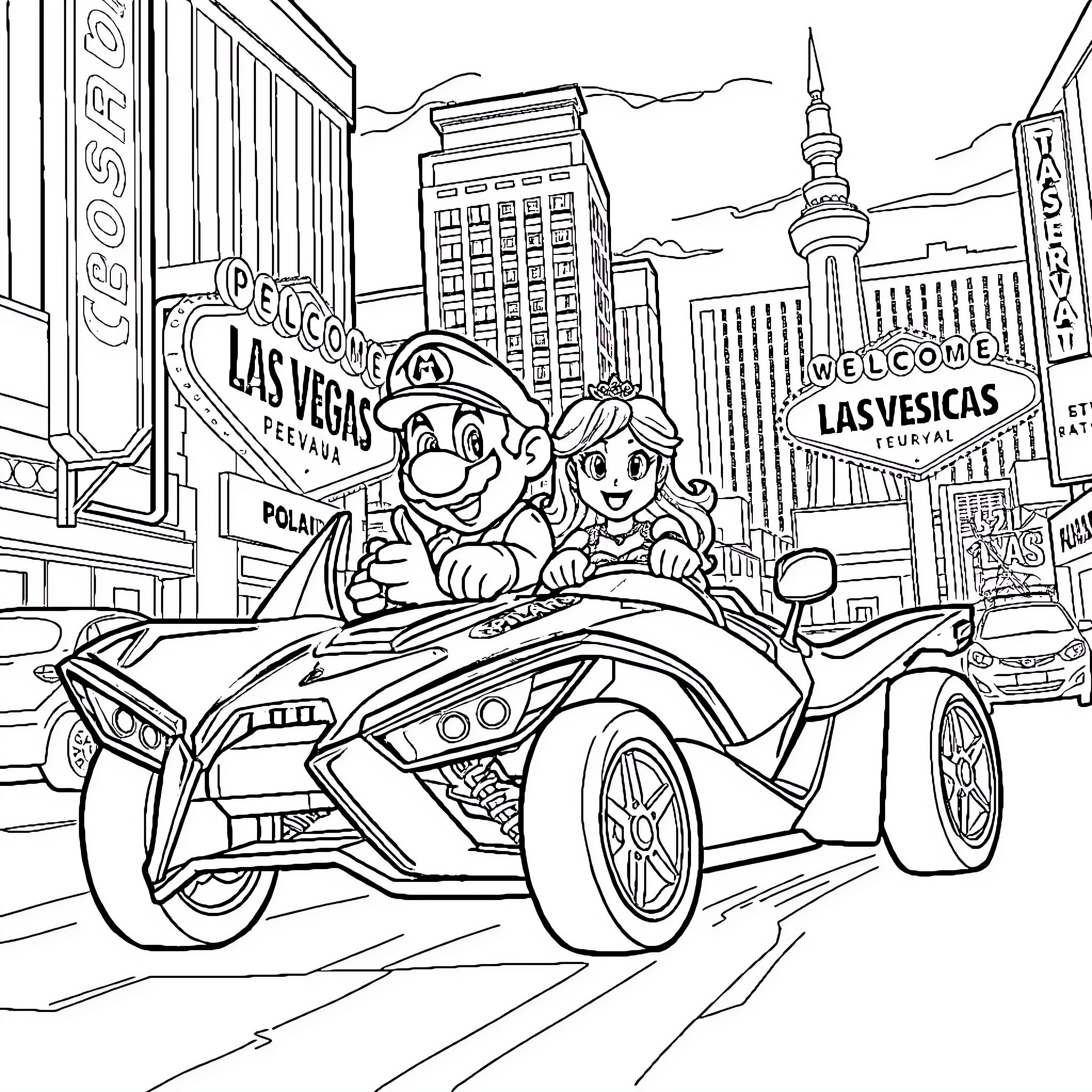 Mario and Friend's Las Vegas Adventure Coloring Page (free black-and-white line drawing printable PDF for all, from beginners to advanced learners, including children, teens, adults, and seniors)