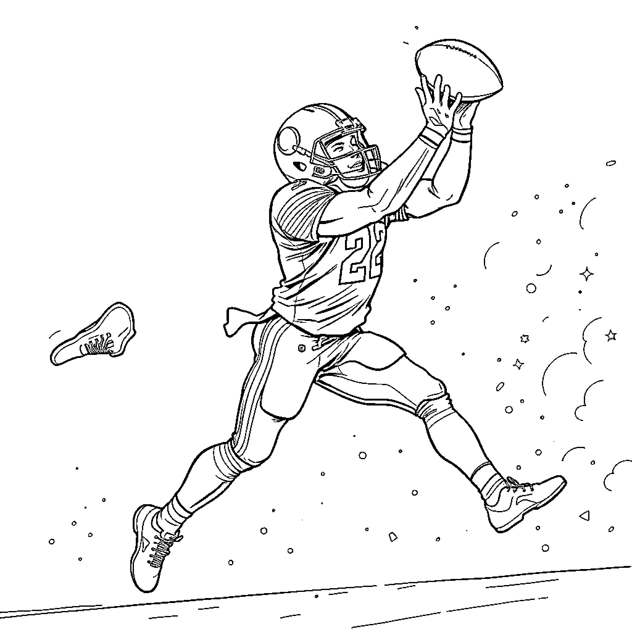 NFL Player Making an Impressive Catch Coloring Page (free black-and-white line drawing printable PDF for all, from beginners to advanced learners, including children, teens, adults, and seniors)