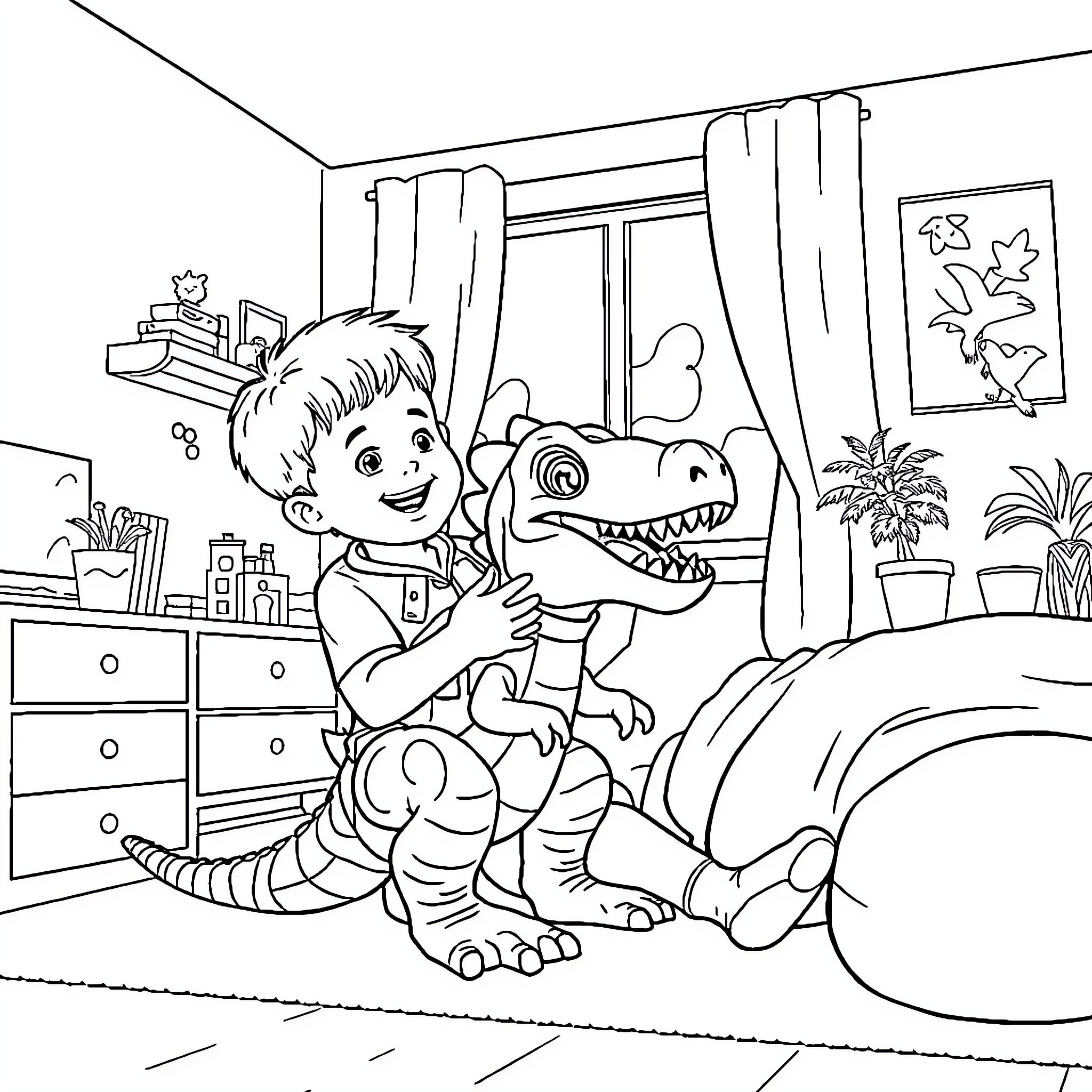 Boy playing joyfully with stuffed dinosaur toy Coloring Page (free black-and-white line drawing printable PDF for all, from beginners to advanced learners, including children, teens, adults, and seniors)
