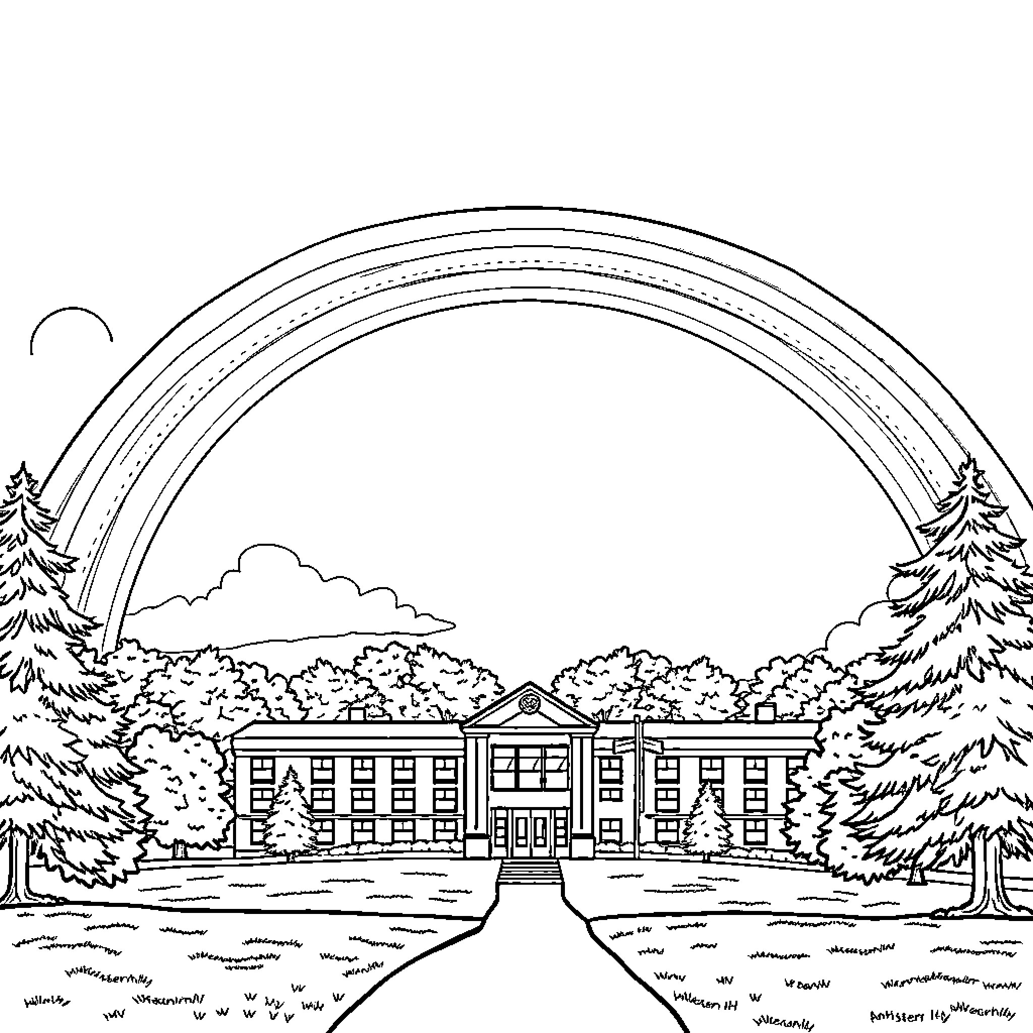 Rainbow over school campus Coloring Page (free black-and-white line drawing printable PDF for all, from beginners to advanced learners, including children, teens, adults, and seniors)