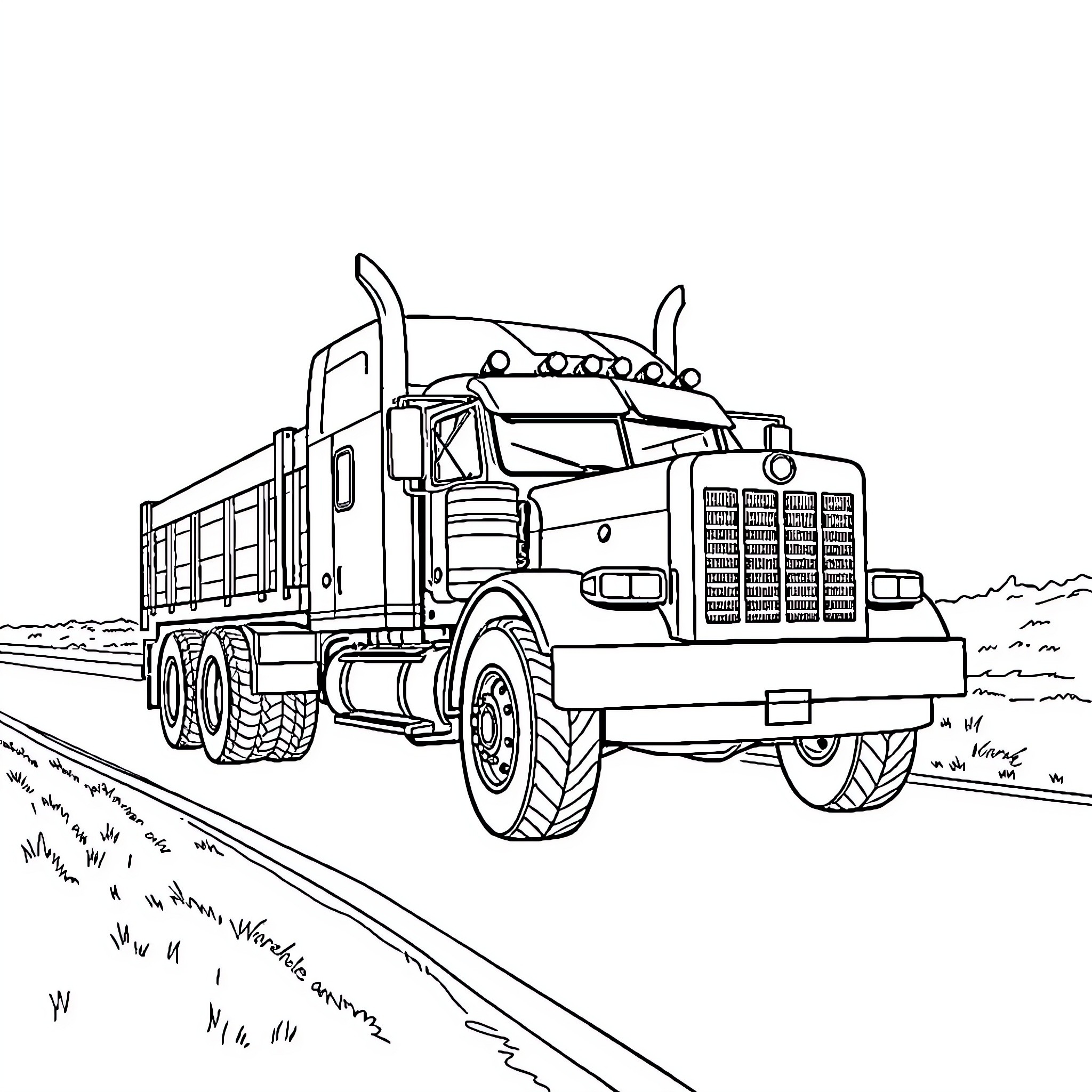 Truck Transporting Cargo on Countryside Road Coloring Page (free black-and-white line drawing printable PDF for all, from beginners to advanced learners, including children, teens, adults, and seniors)