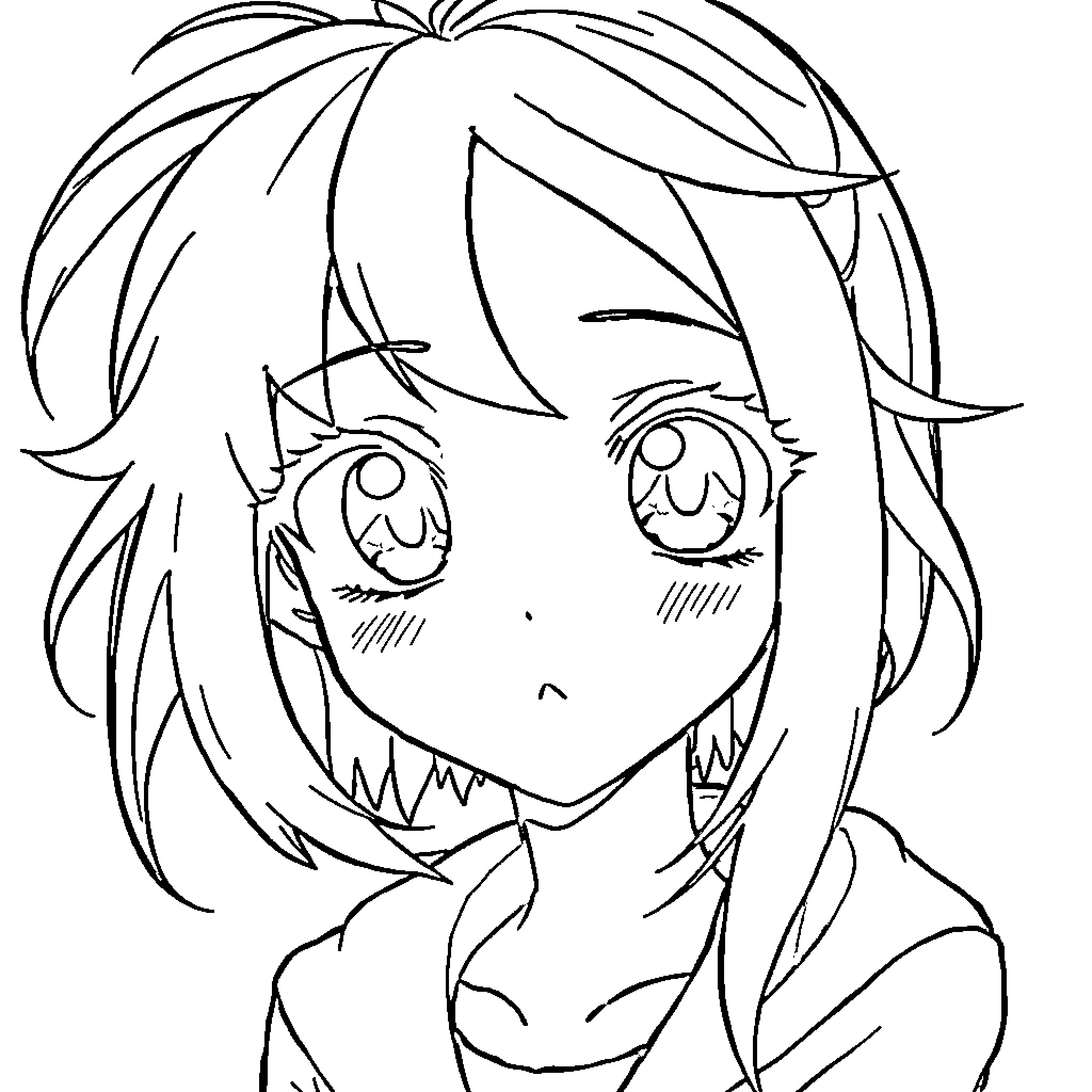 Anime Girl with Flowing Hair Coloring Page (free black-and-white line drawing printable PDF for all, from beginners to advanced learners, including children, teens, adults, and seniors)