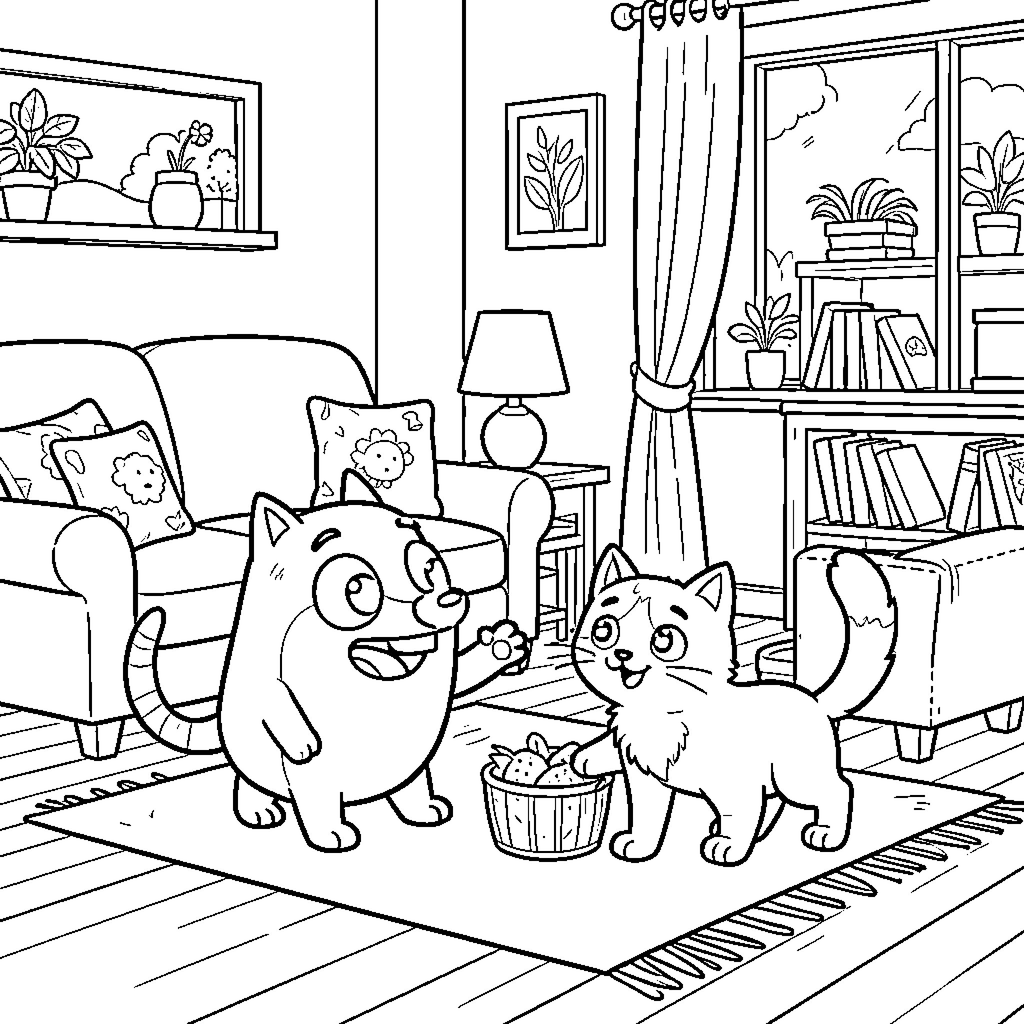 Bluey characters playing with snacks on a rug Coloring Page (free black-and-white line drawing printable PDF for all, from beginners to advanced learners, including children, teens, adults, and seniors)