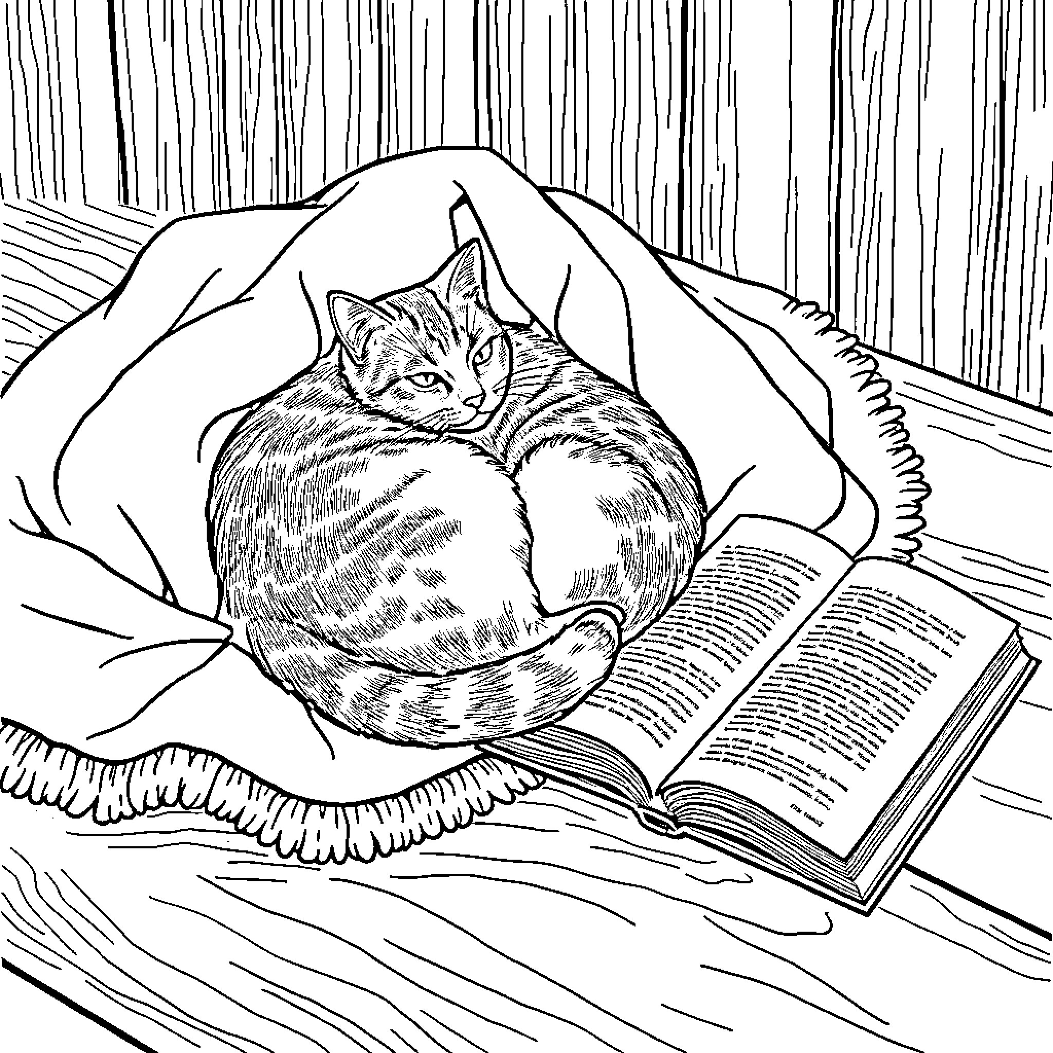 Cat curled up on a book in a cozy corner Coloring Page (free black-and-white line drawing printable PDF for all, from beginners to advanced learners, including children, teens, adults, and seniors)