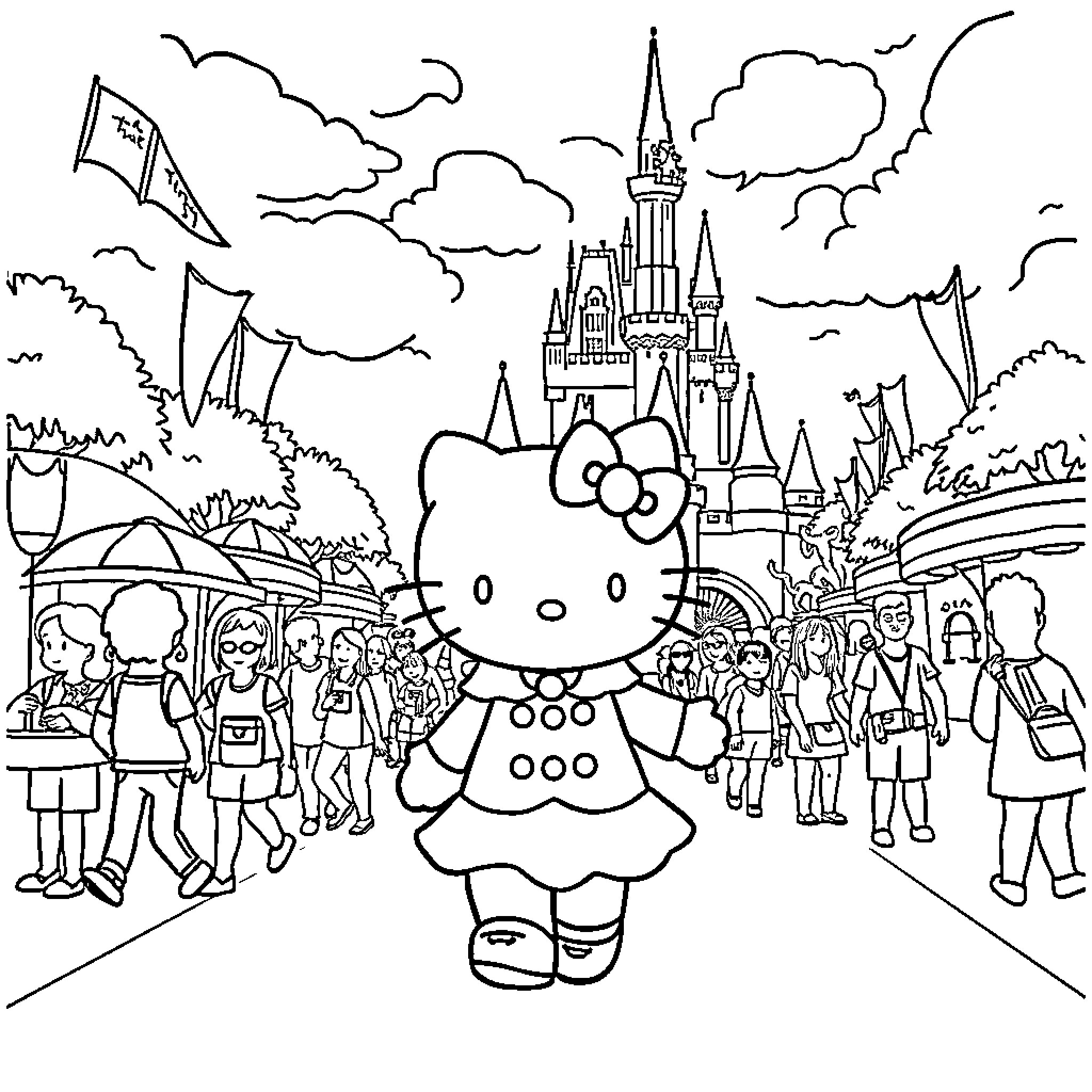 Hello Kitty visiting a magical theme park Coloring Page (free black-and-white line drawing printable PDF for all, from beginners to advanced learners, including children, teens, adults, and seniors)