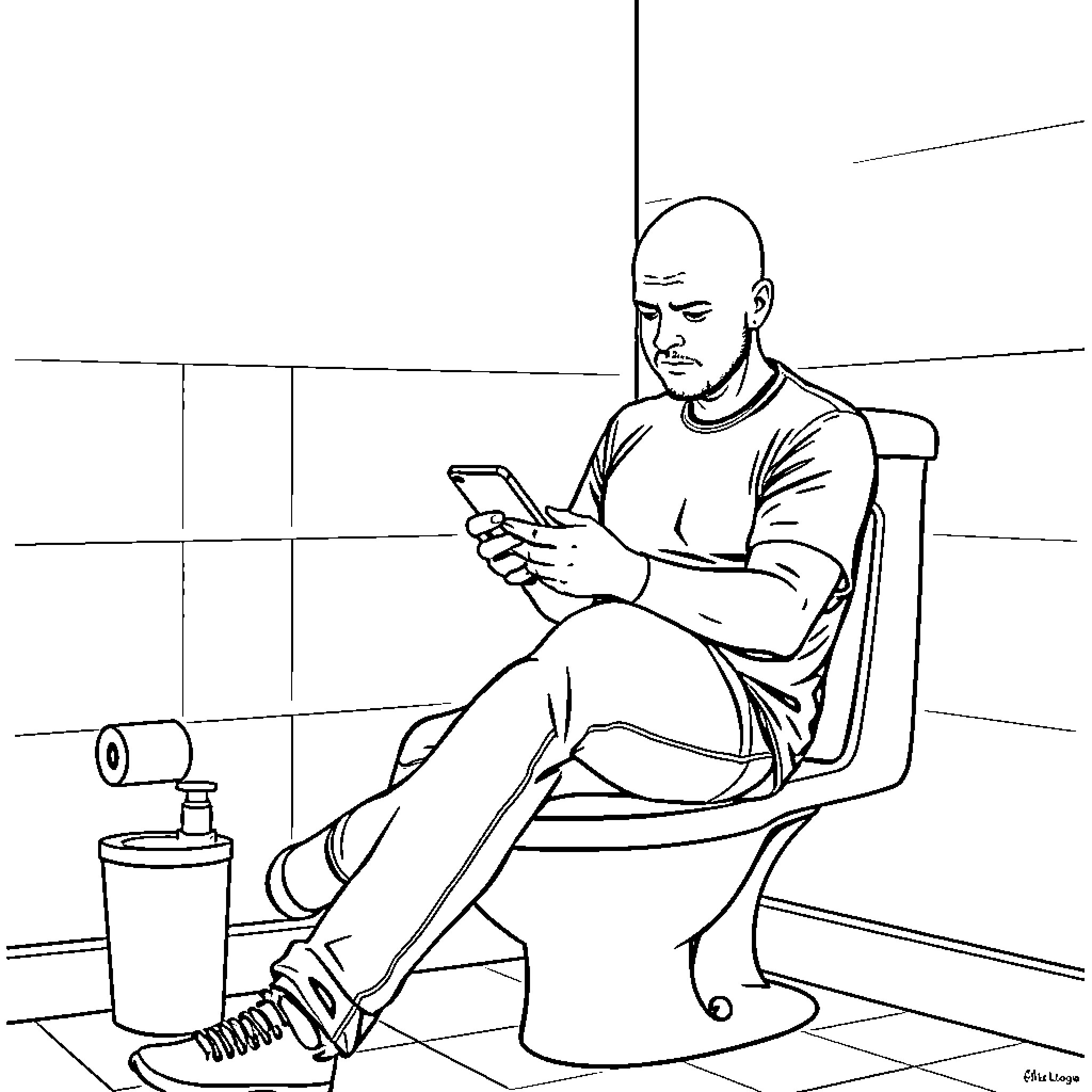 Husband using mobile phone on toilet Coloring Page (free black-and-white line drawing printable PDF for all, from beginners to advanced learners, including children, teens, adults, and seniors)