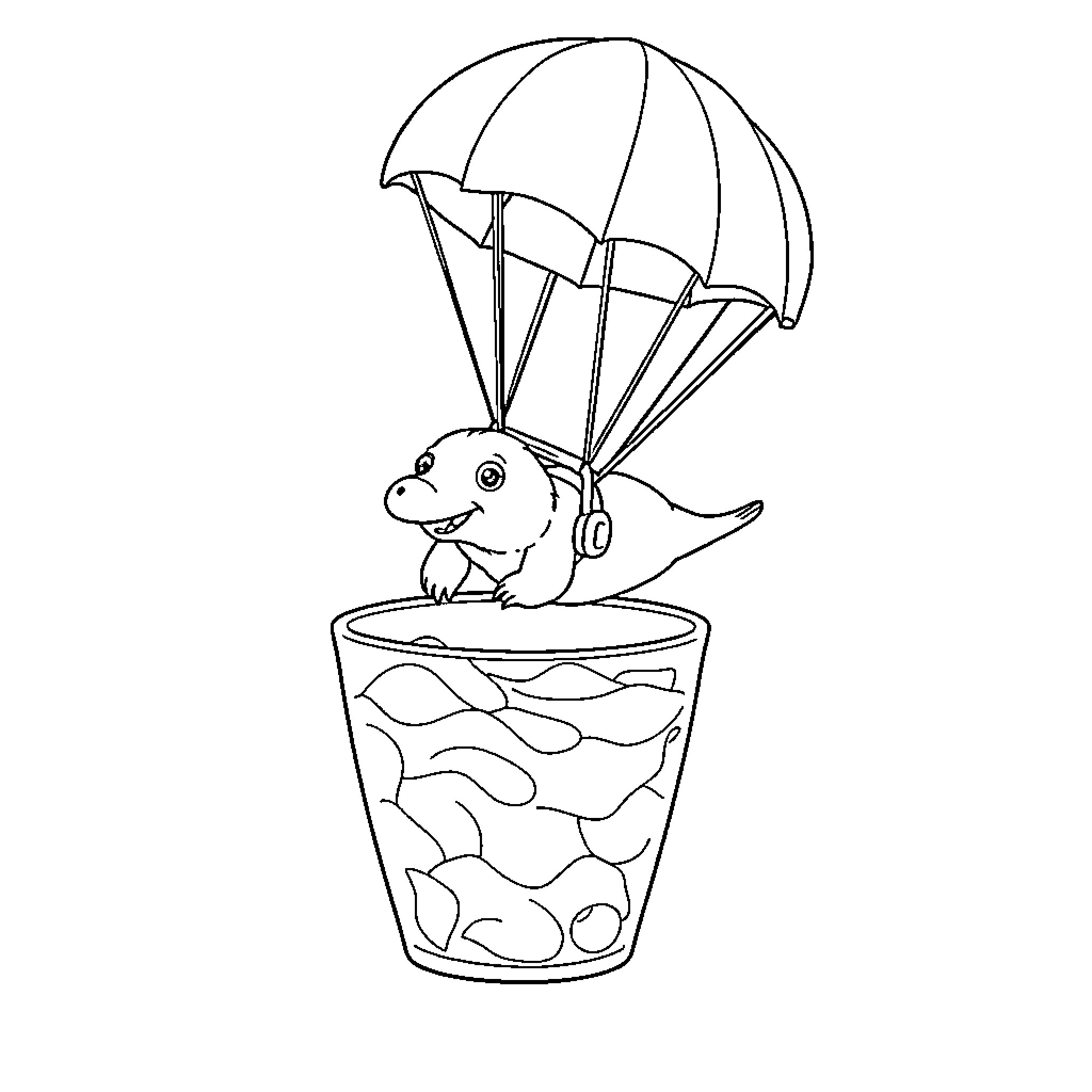 Platypus parachuting into a patterned pot Coloring Page (free black-and-white line drawing printable PDF for all, from beginners to advanced learners, including children, teens, adults, and seniors)
