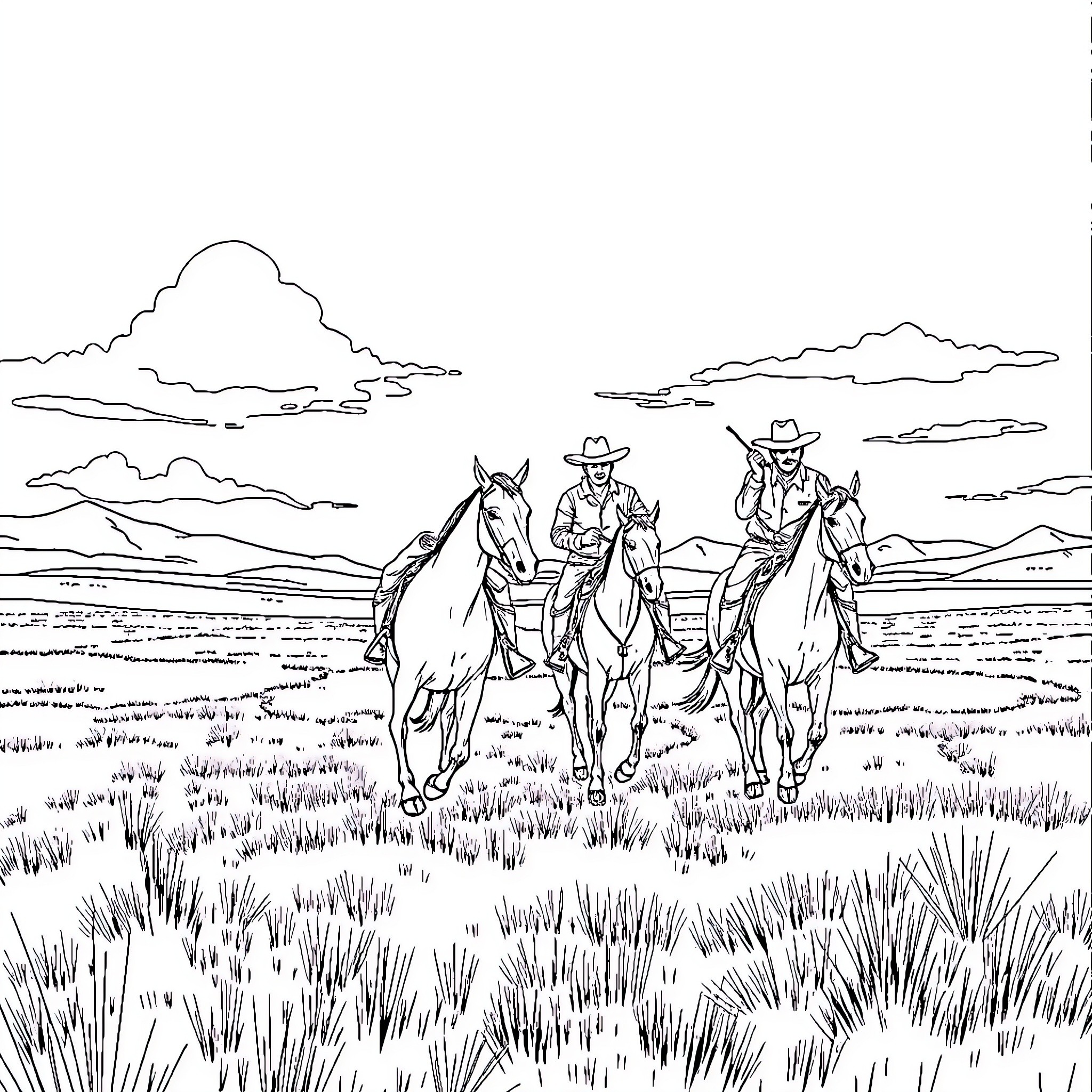 Argentinian Gauchos riding horses across the open plains Coloring Page (free black-and-white line drawing printable PDF for all, from beginners to advanced learners, including children, teens, adults, and seniors)
