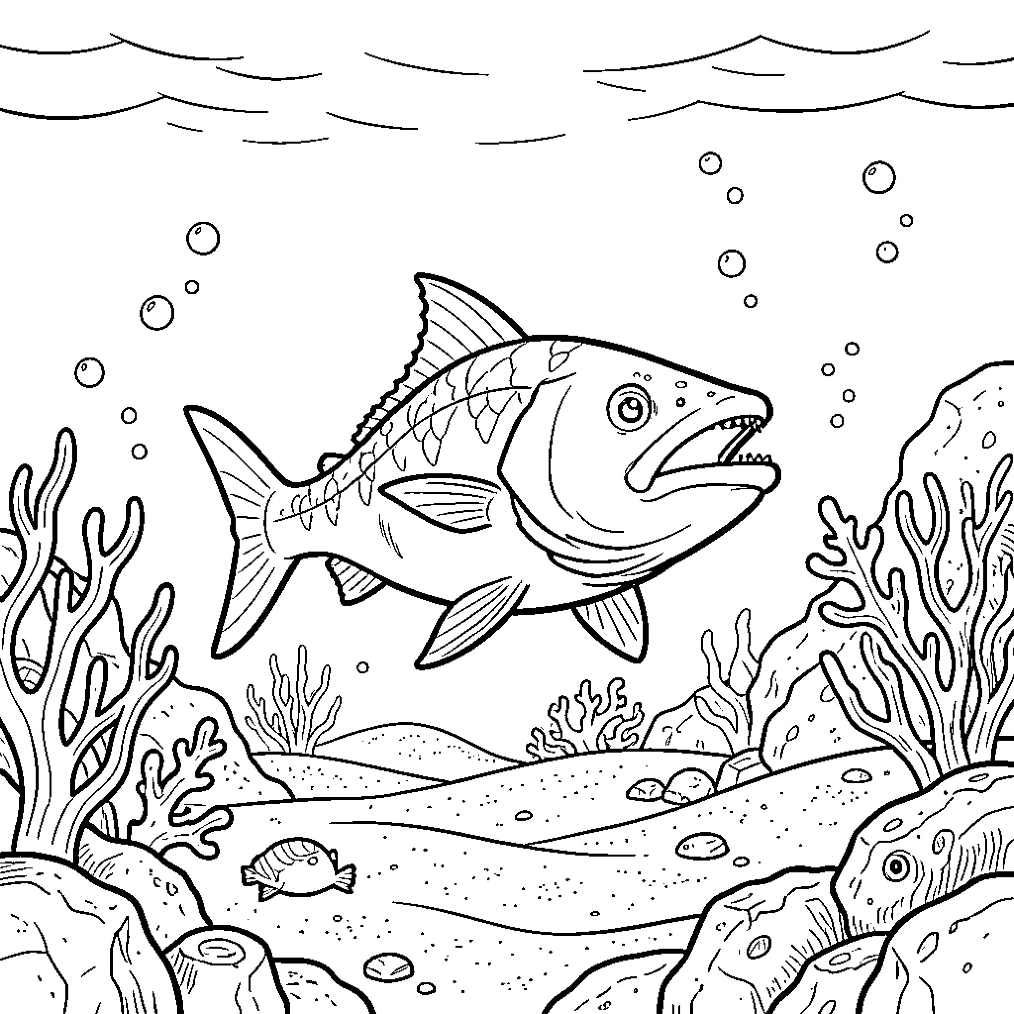 Pez Martillo swimming through a coral reef Coloring Page (free black-and-white line drawing printable PDF for all, from beginners to advanced learners, including children, teens, adults, and seniors)