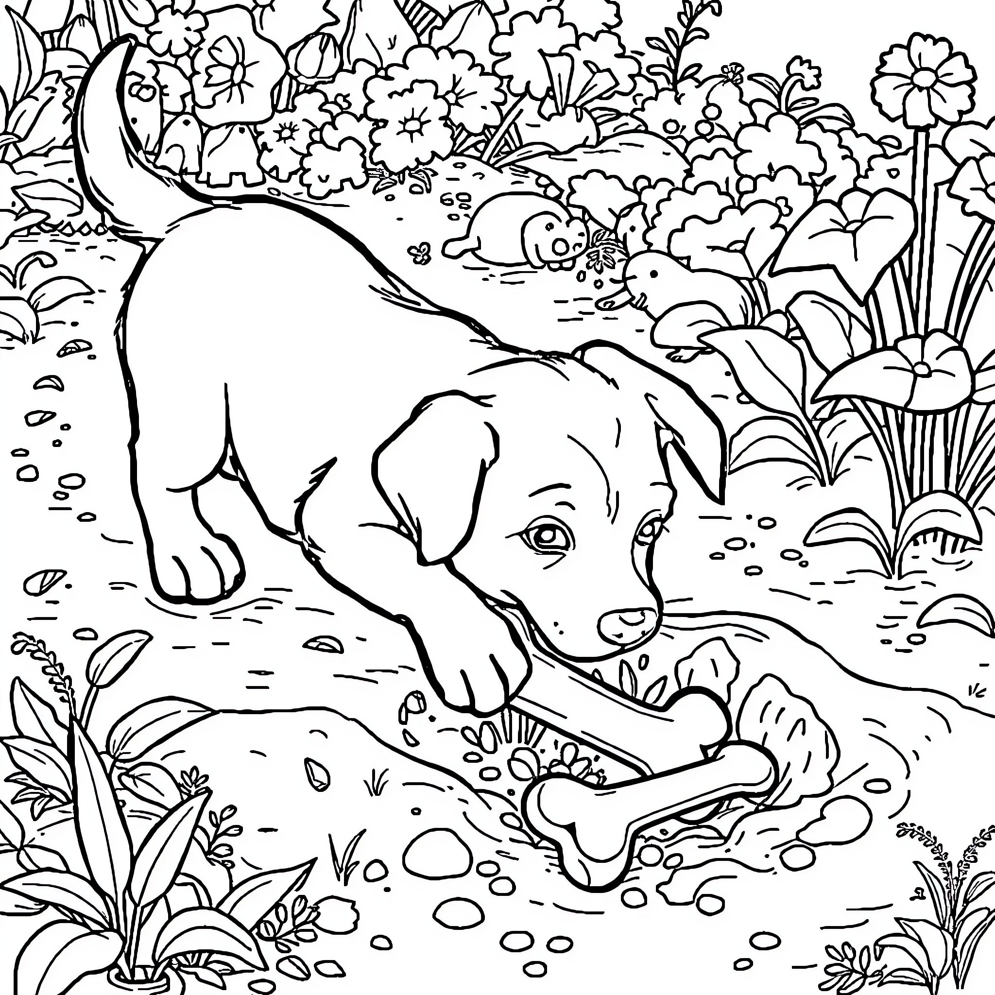 Dog chewing on a bone in a floral garden Coloring Page (free black-and-white line drawing printable PDF for all, from beginners to advanced learners, including children, teens, adults, and seniors)