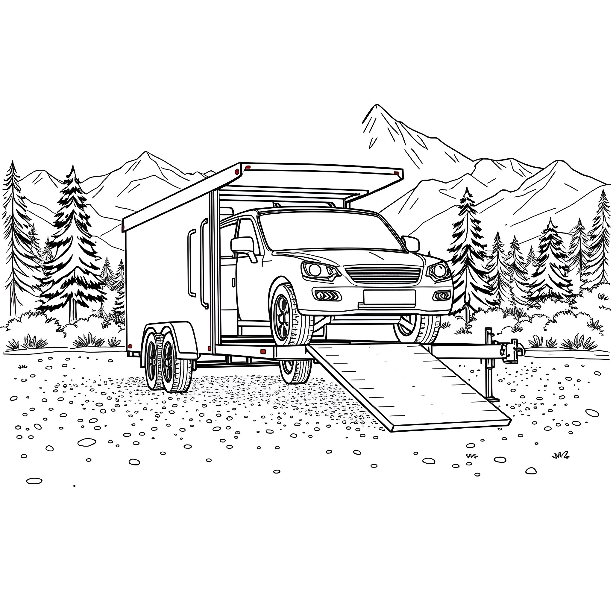 Car Trailer in Scenic Mountain Landscape Coloring Page (free black-and-white line drawing printable PDF for all, from beginners to advanced learners, including children, teens, adults, and seniors)