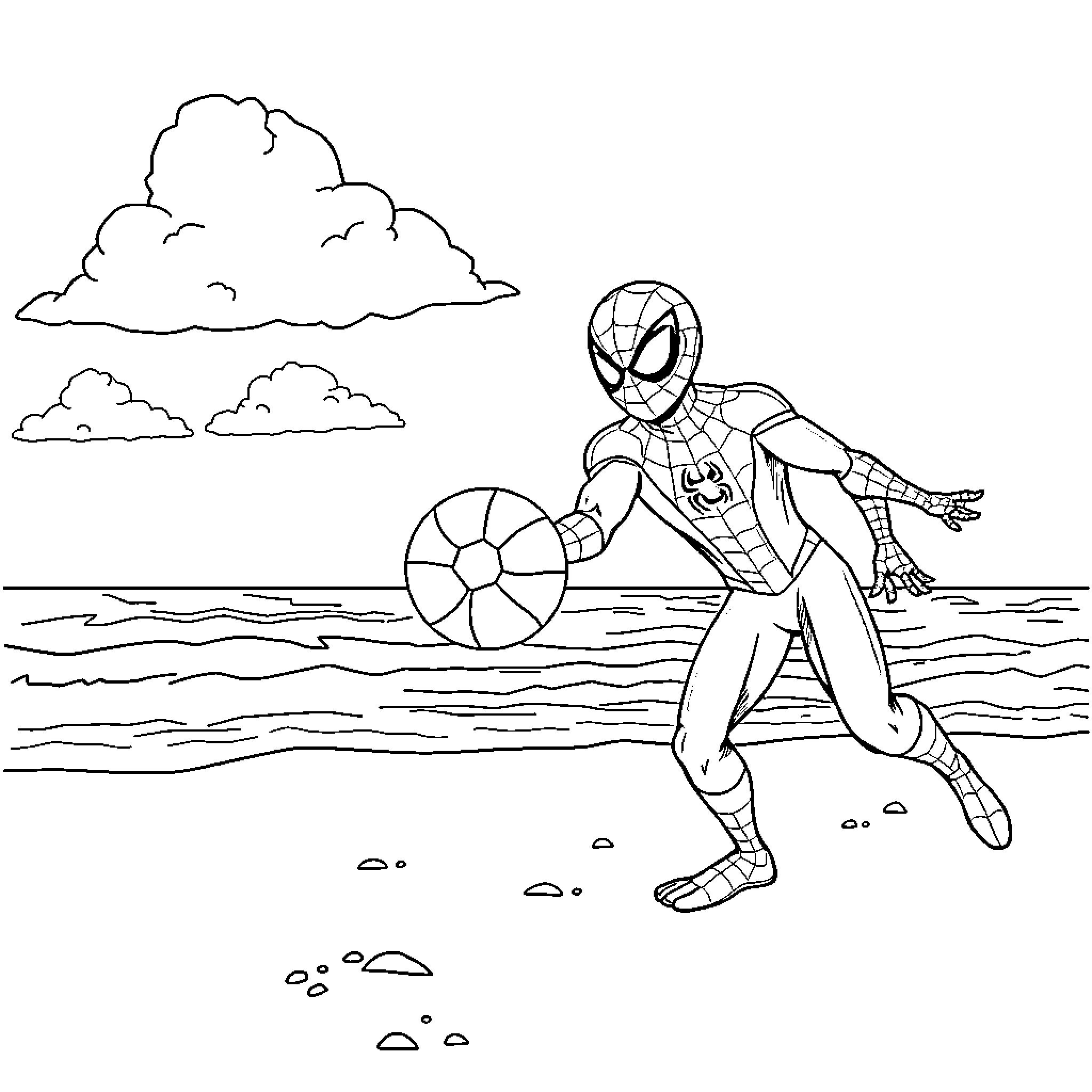 Spiderman playing on the beach with a beach ball Coloring Page (free black-and-white line drawing printable PDF for all, from beginners to advanced learners, including children, teens, adults, and seniors)