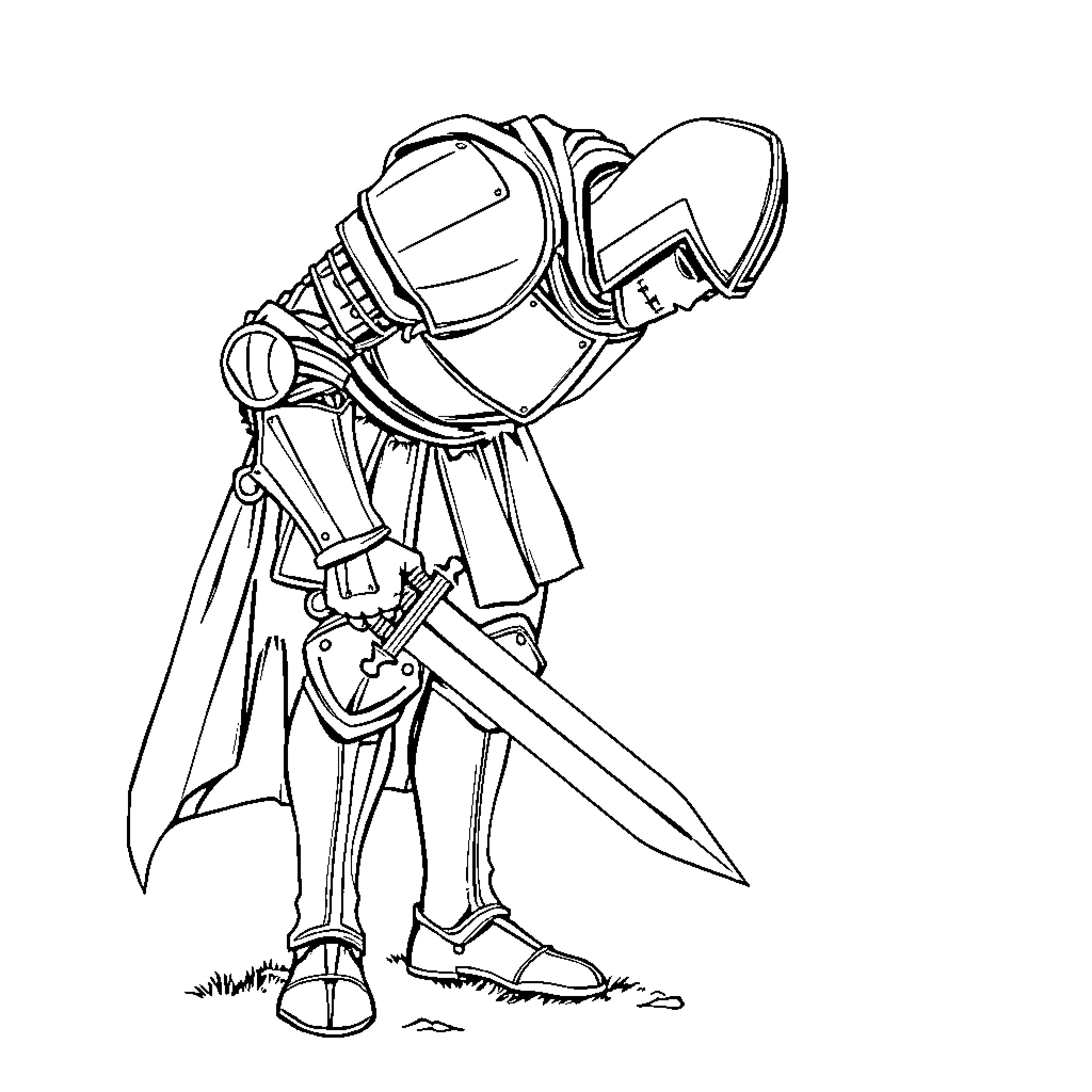 Knight wielding a sword with determination Coloring Page (free black-and-white line drawing printable PDF for all, from beginners to advanced learners, including children, teens, adults, and seniors)