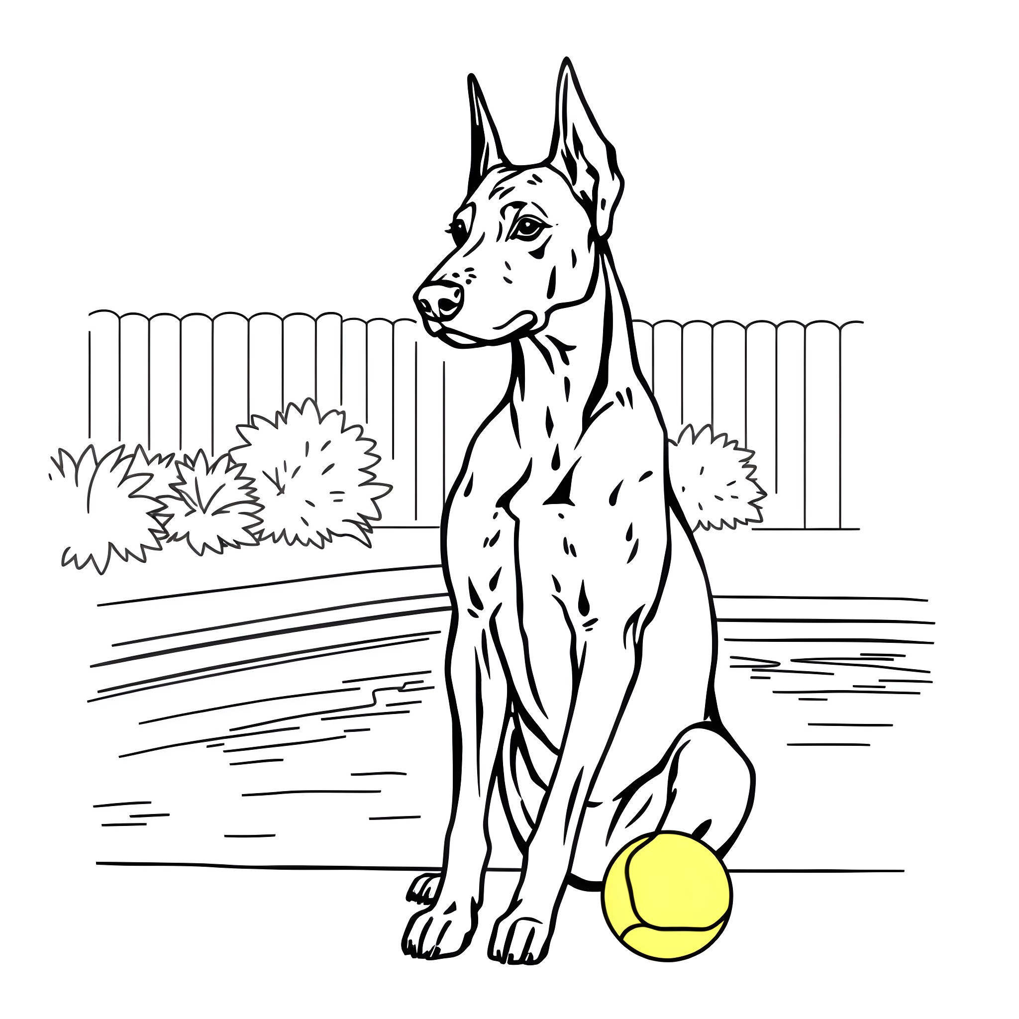 Doberman playing with ball in the yard Coloring Page (free black-and-white line drawing printable PDF for all, from beginners to advanced learners, including children, teens, adults, and seniors)