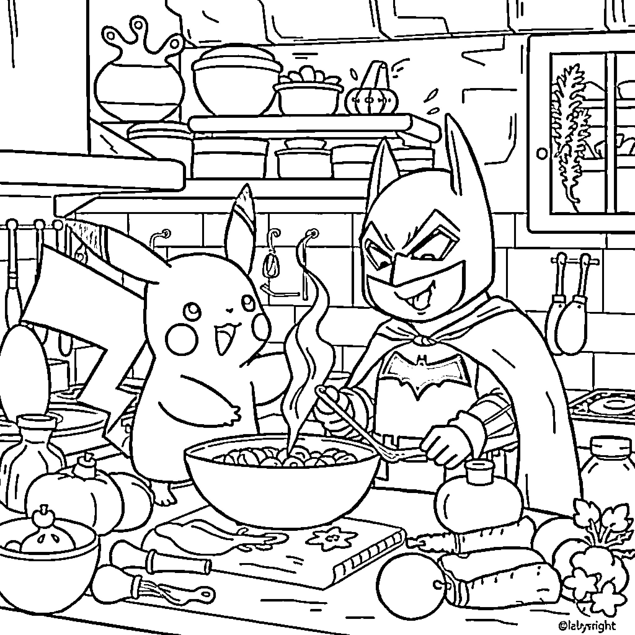 Pikachu and Batman Cooking Together in the Kitchen Coloring Page (free black-and-white line drawing printable PDF for all, from beginners to advanced learners, including children, teens, adults, and seniors)