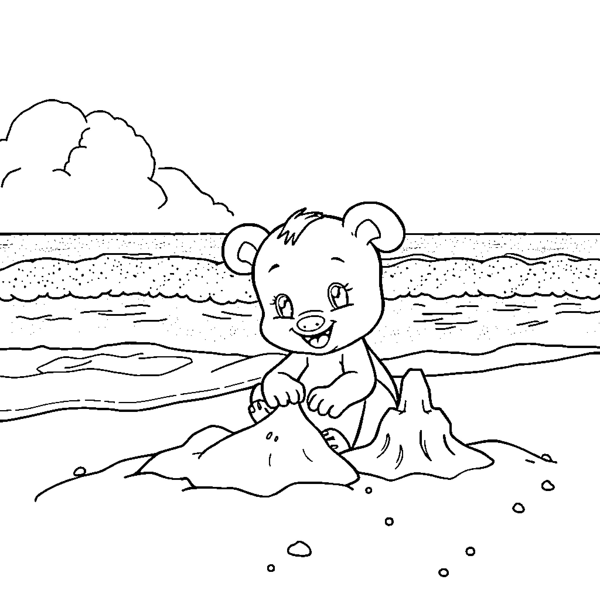 Bluey playing happily on the beach Coloring Page (free black-and-white line drawing printable PDF for all, from beginners to advanced learners, including children, teens, adults, and seniors)