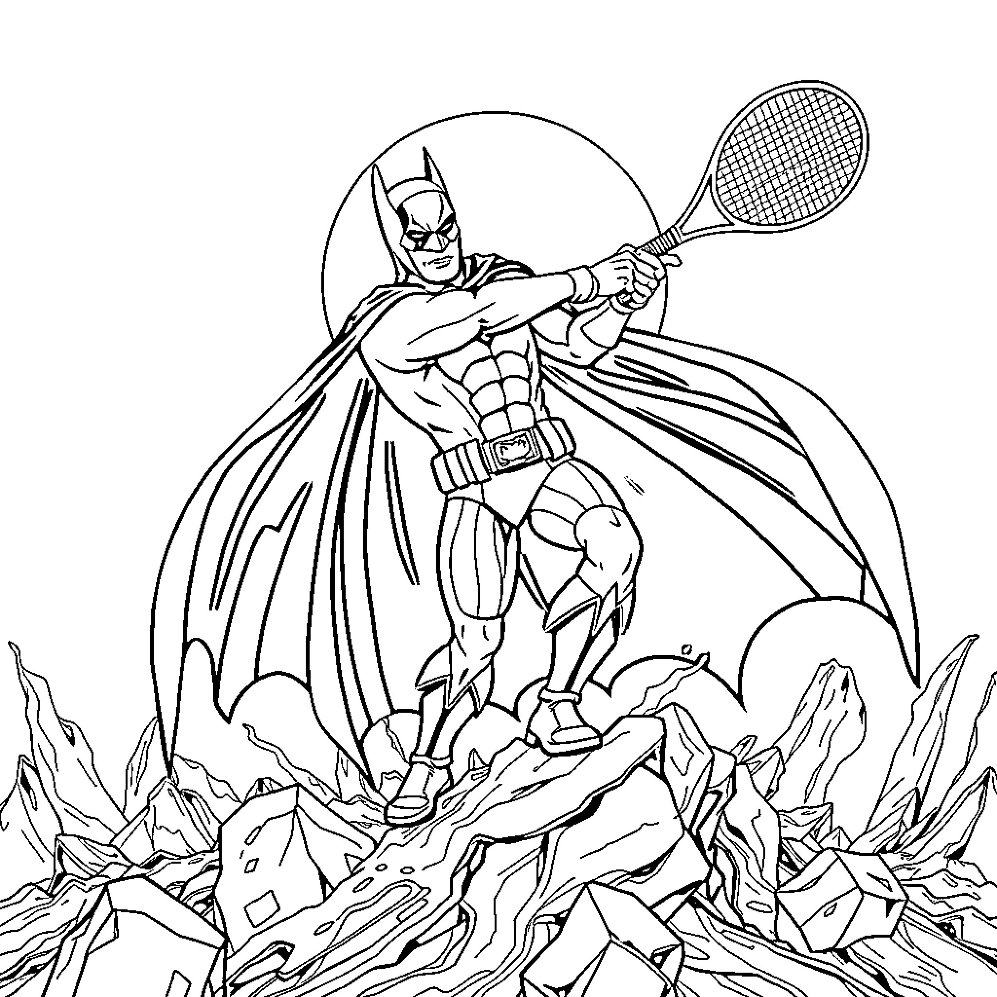 Batman's Tennis Showdown in Heroic Encounter Coloring Page (free black-and-white line drawing printable PDF for all, from beginners to advanced learners, including children, teens, adults, and seniors)