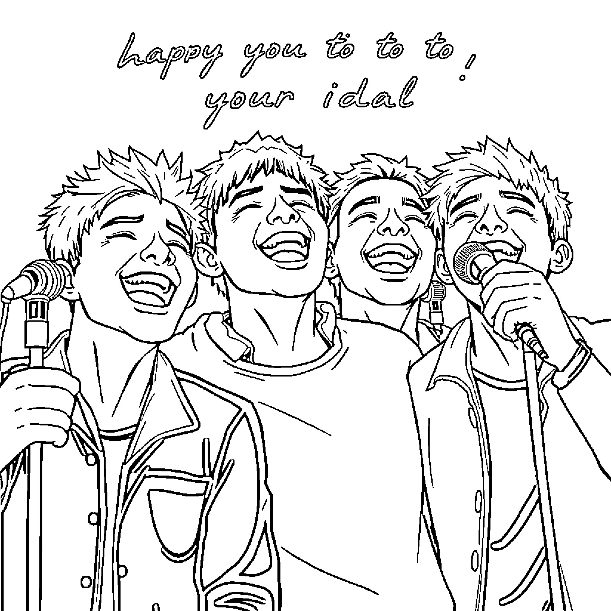 Boys singing happily together on stage Coloring Page (free black-and-white line drawing printable PDF for all, from beginners to advanced learners, including children, teens, adults, and seniors)