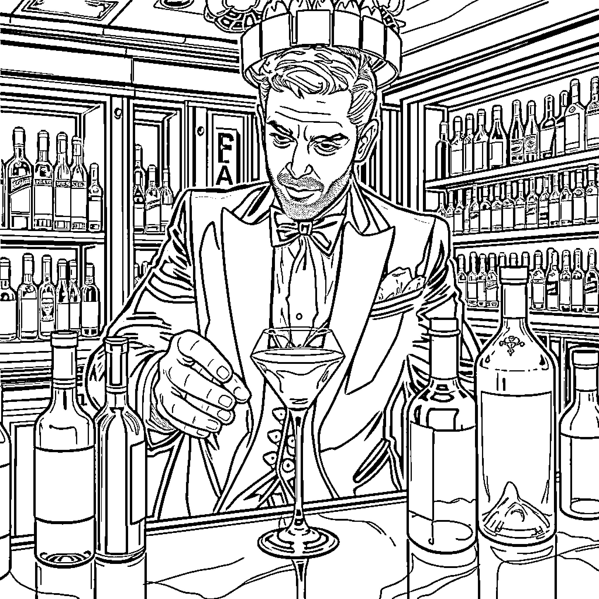 Alexander Shtifanov serving drinks at the bar Coloring Page (free black-and-white line drawing printable PDF for all, from beginners to advanced learners, including children, teens, adults, and seniors)