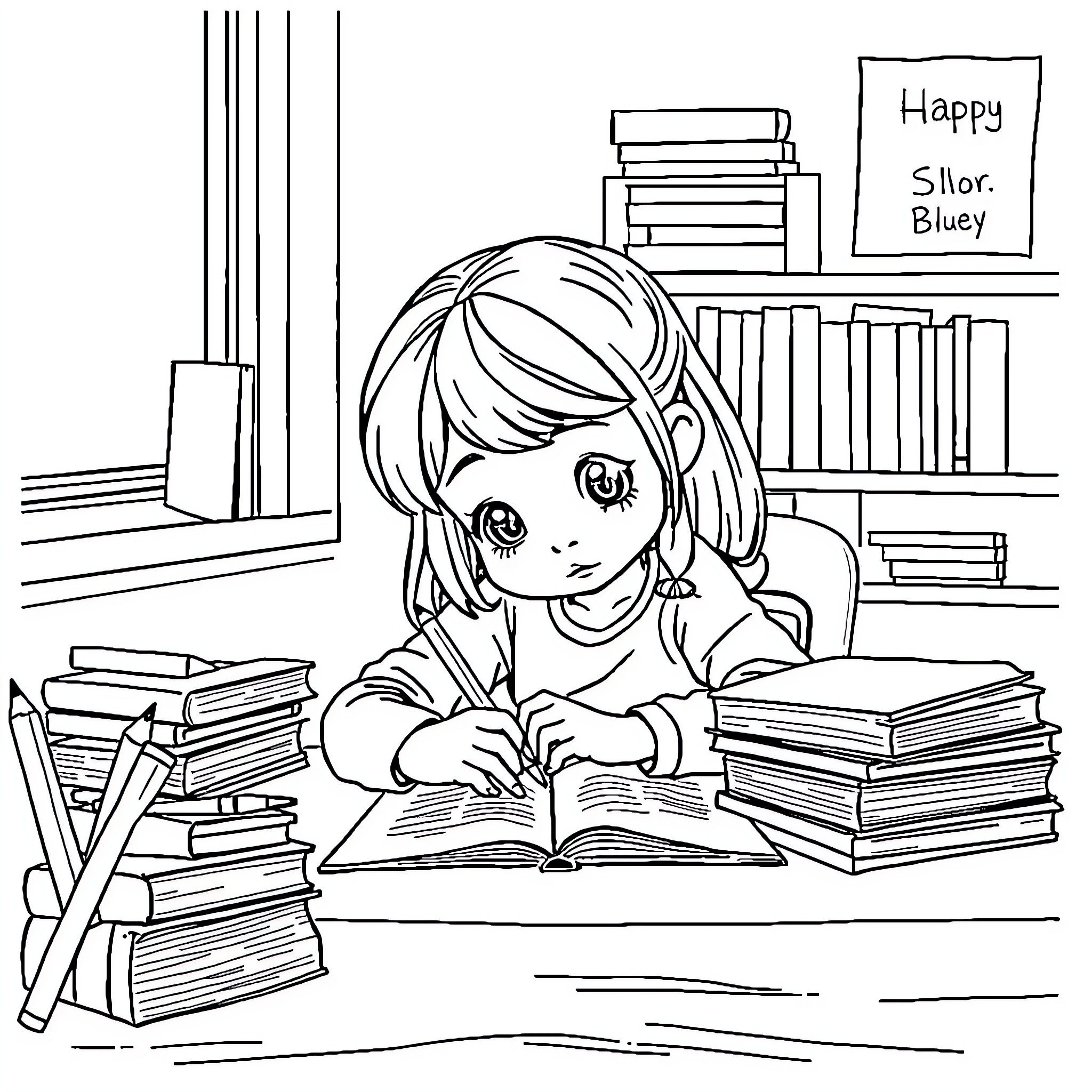 Bluey Studying Diligently in the Library Coloring Page (free black-and-white line drawing printable PDF for all, from beginners to advanced learners, including children, teens, adults, and seniors)