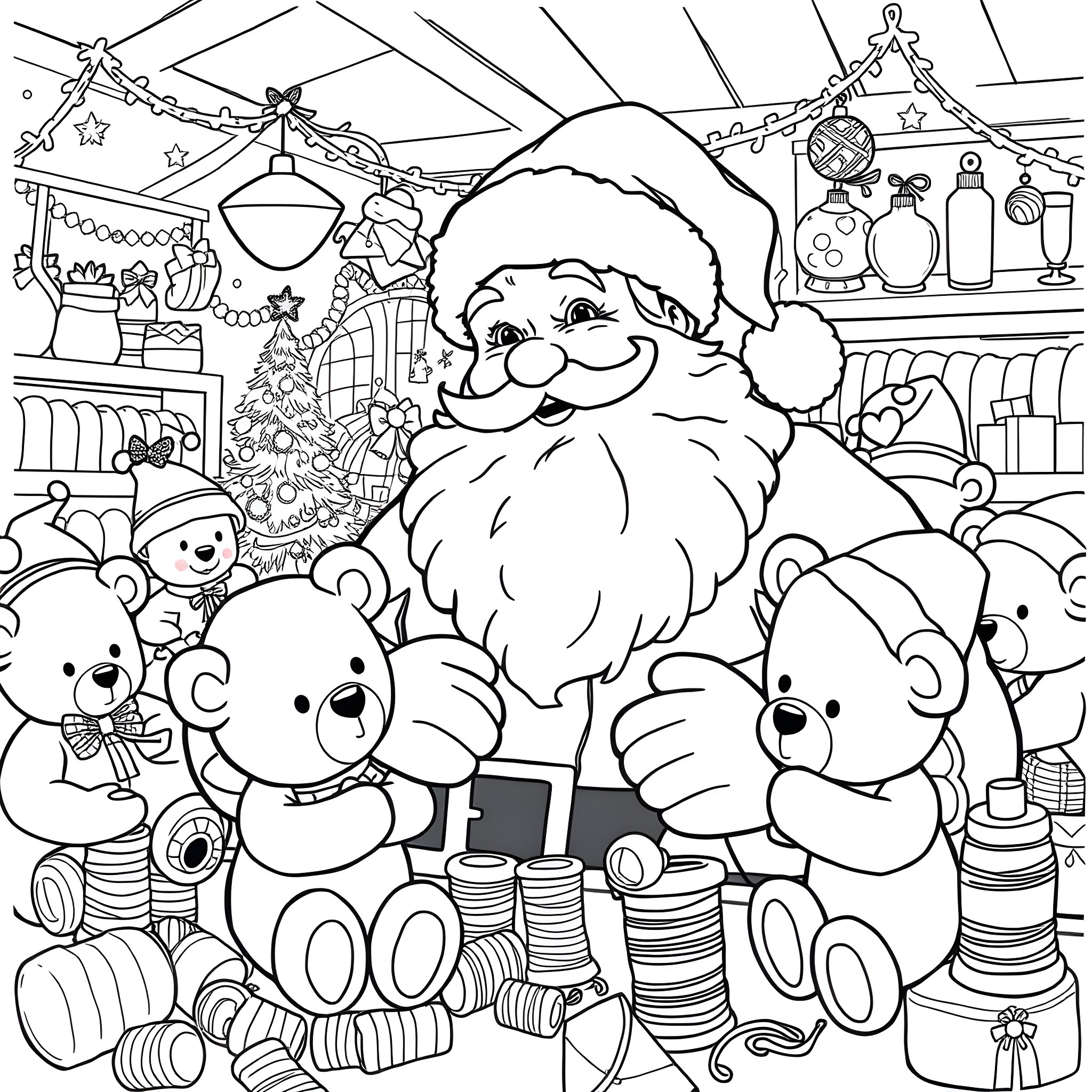 Santa Claus Surrounded by Toys and Decorations Coloring Page (free black-and-white line drawing printable PDF for all, from beginners to advanced learners, including children, teens, adults, and seniors)