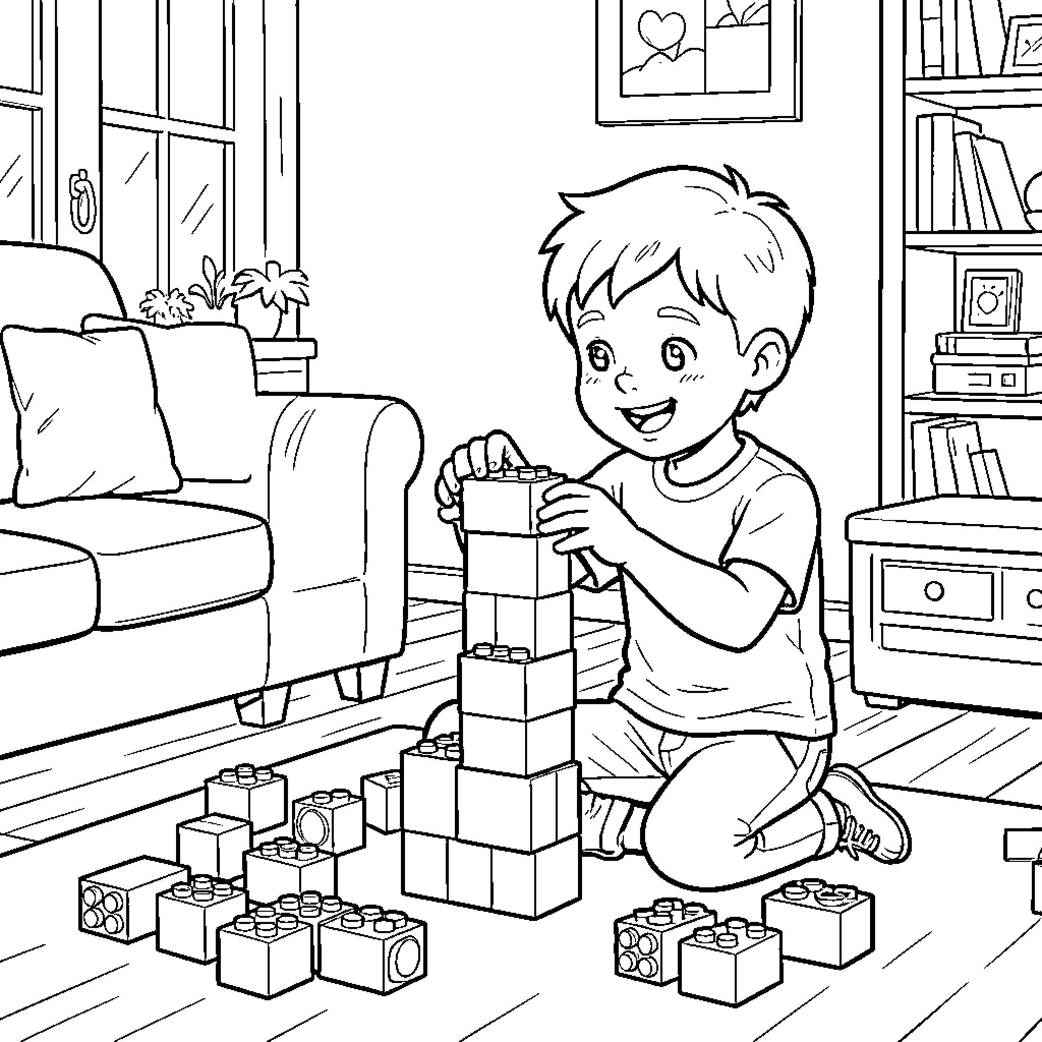Boy building a tower with toy blocks in the living room Coloring Page (free black-and-white line drawing printable PDF for all, from beginners to advanced learners, including children, teens, adults, and seniors)