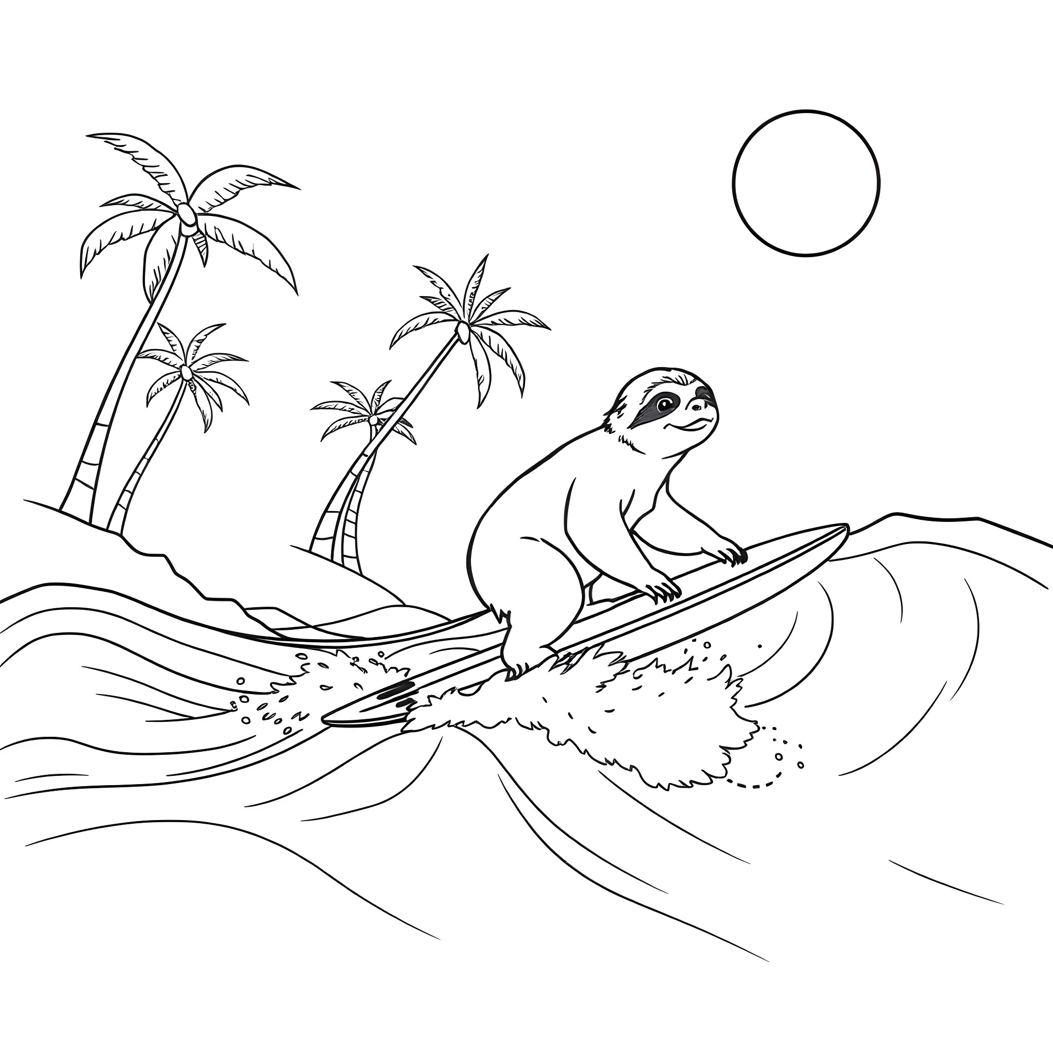 Sloth surfing on ocean waves by palm trees Coloring Page (free black-and-white line drawing printable PDF for all, from beginners to advanced learners, including children, teens, adults, and seniors)