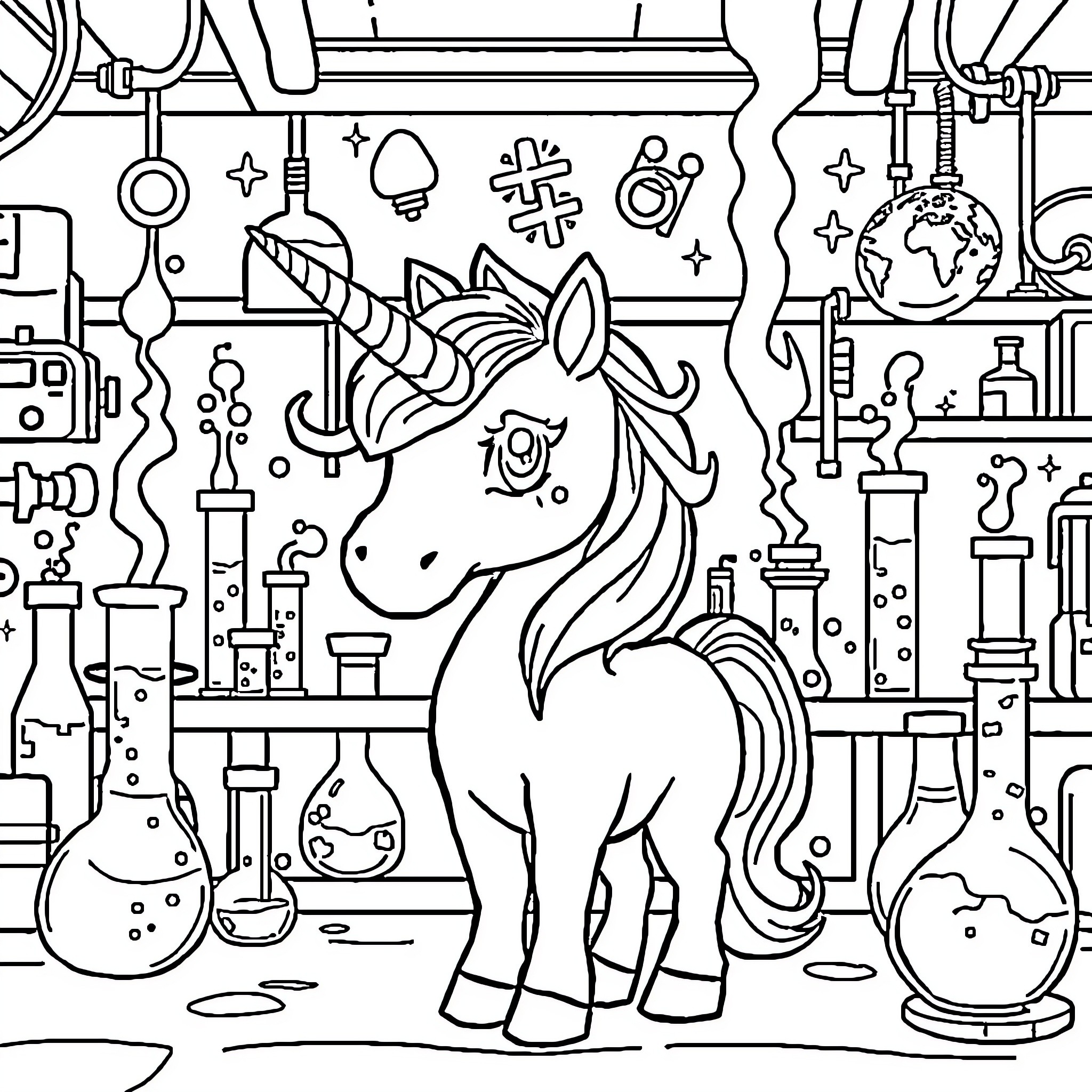 Unicorn Scientist's Magical Laboratory Coloring Page (free black-and-white line drawing printable PDF for all, from beginners to advanced learners, including children, teens, adults, and seniors)