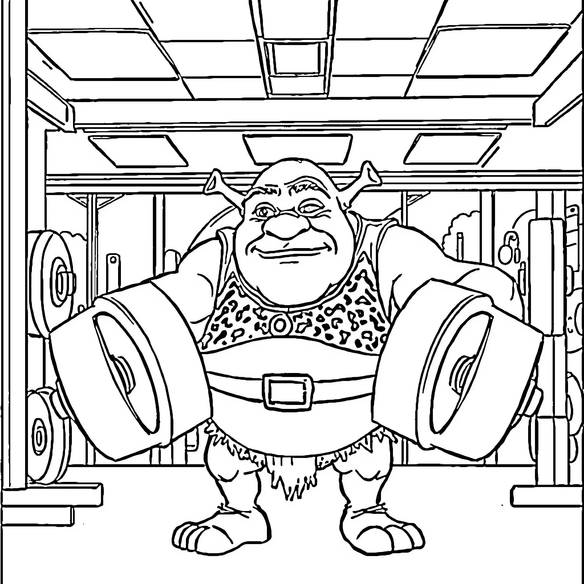 Shrek exercising in the gym Coloring Page (free black-and-white line drawing printable PDF for all, from beginners to advanced learners, including children, teens, adults, and seniors)