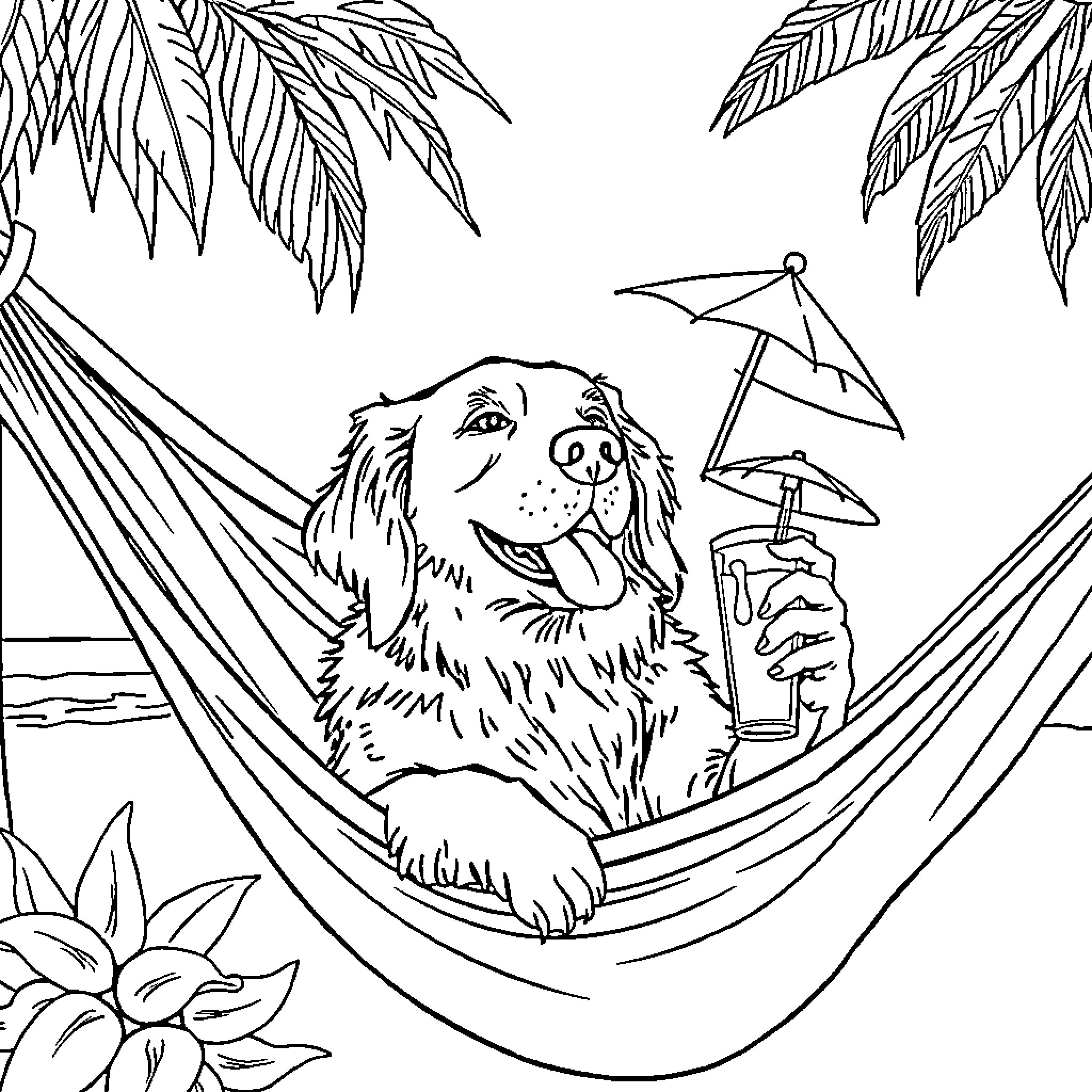 Golden Retriever relaxing in hammock on beach Coloring Page (free black-and-white line drawing printable PDF for all, from beginners to advanced learners, including children, teens, adults, and seniors)