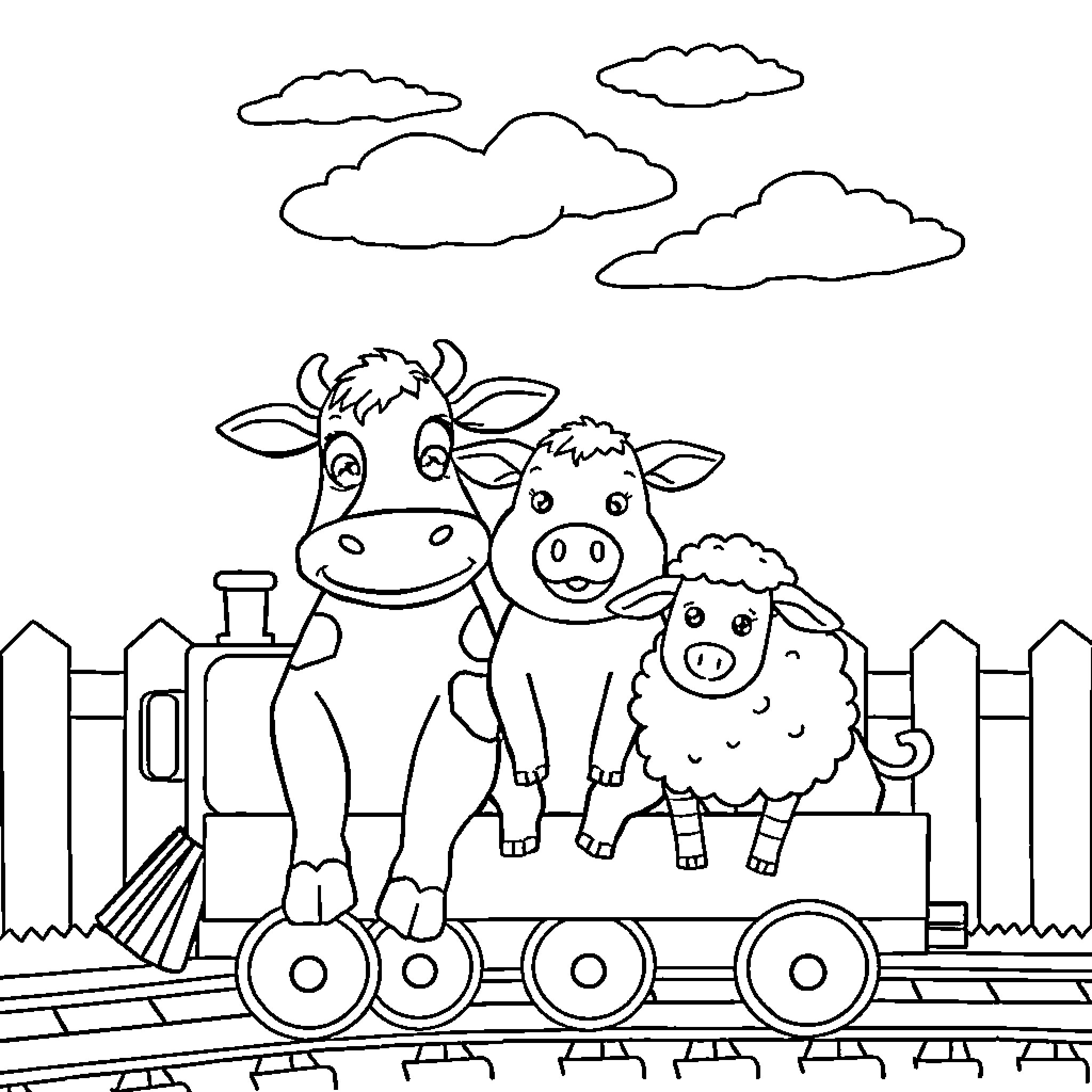 Animal farm animals on a train Coloring Page (free black-and-white line drawing printable PDF for all, from beginners to advanced learners, including children, teens, adults, and seniors)
