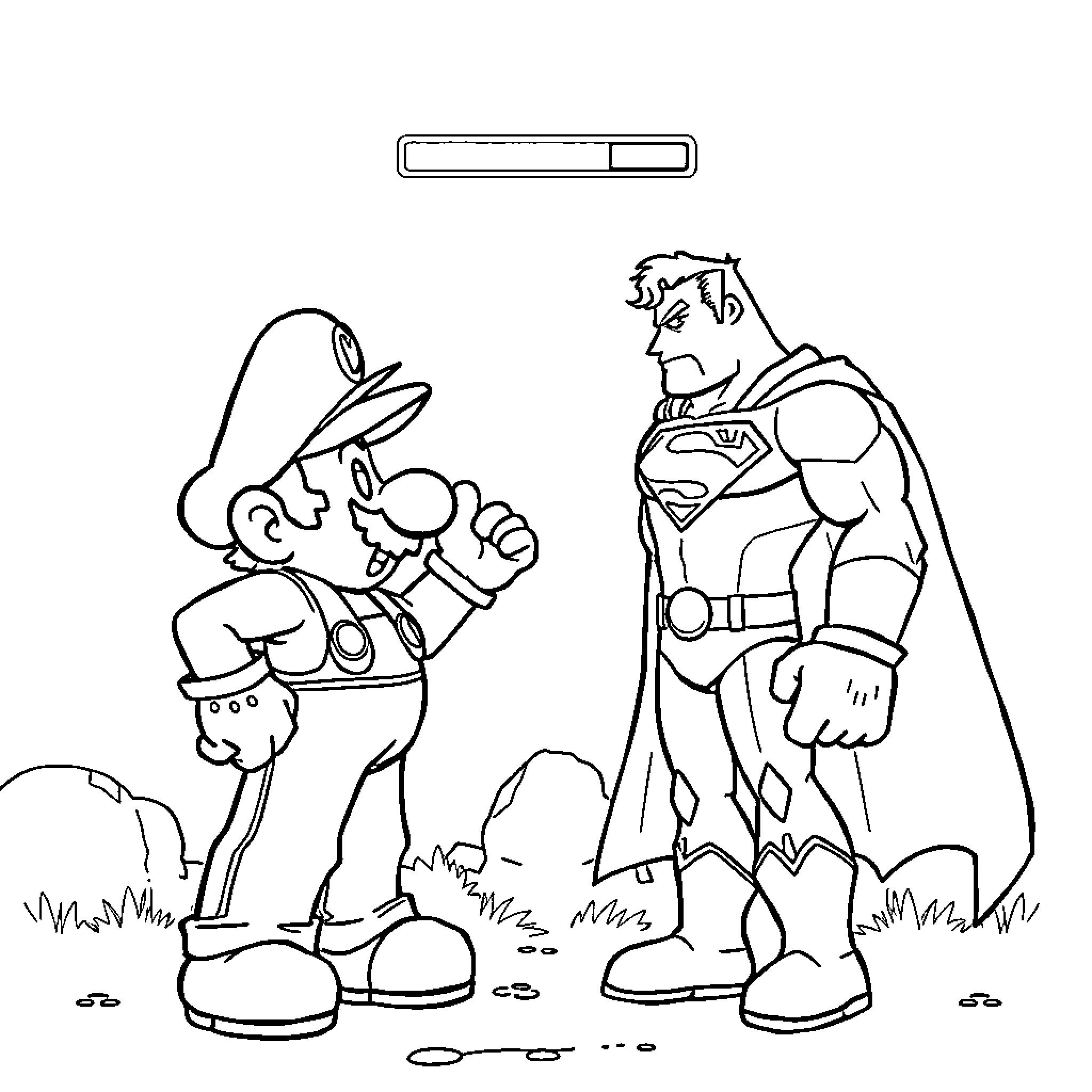 Among Us: Unlikely Duo of Super Hero and Video Game Character Coloring Page (free black-and-white line drawing printable PDF for all, from beginners to advanced learners, including children, teens, adults, and seniors)