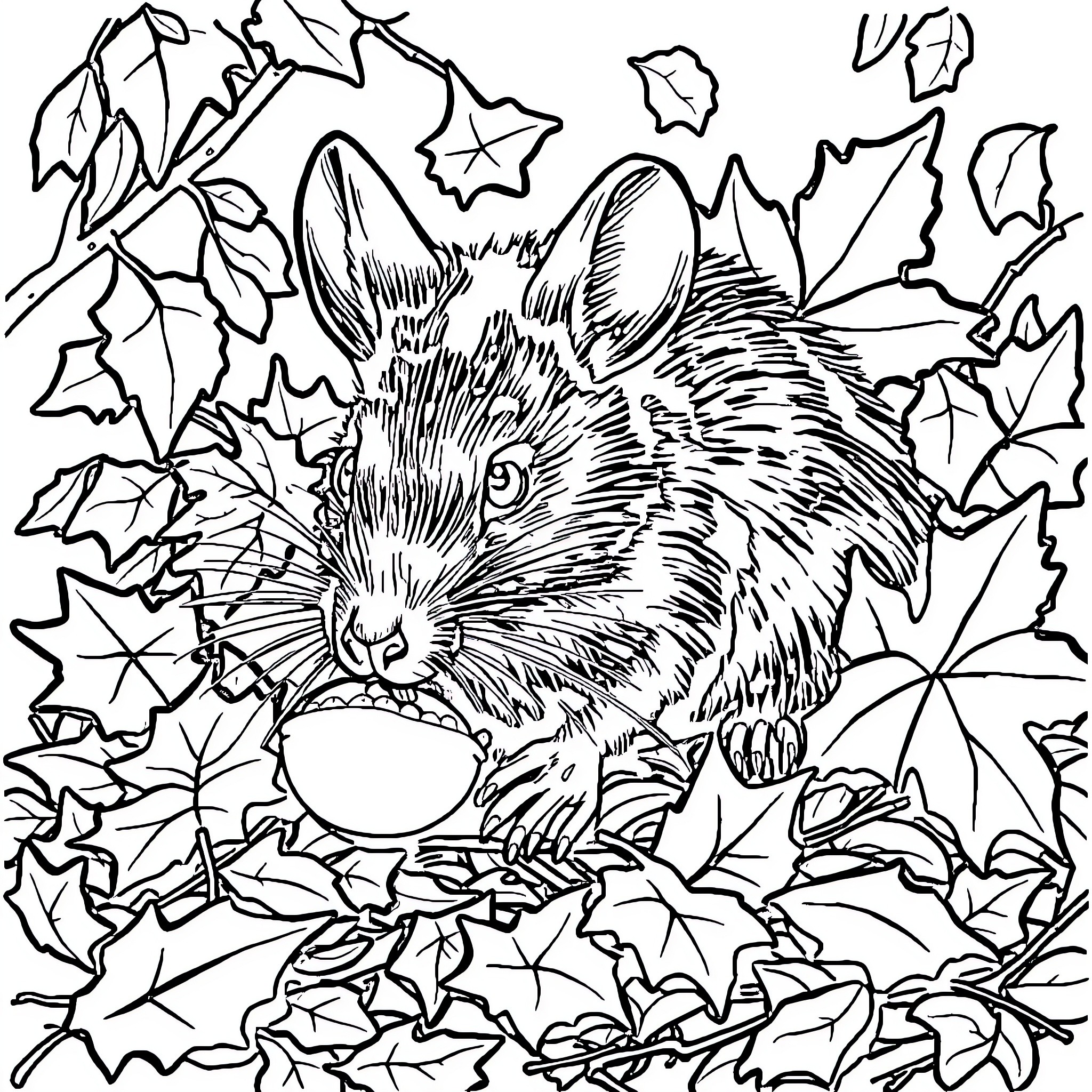 Raccoon exploring autumn leaves and foliage Coloring Page (free black-and-white line drawing printable PDF for all, from beginners to advanced learners, including children, teens, adults, and seniors)