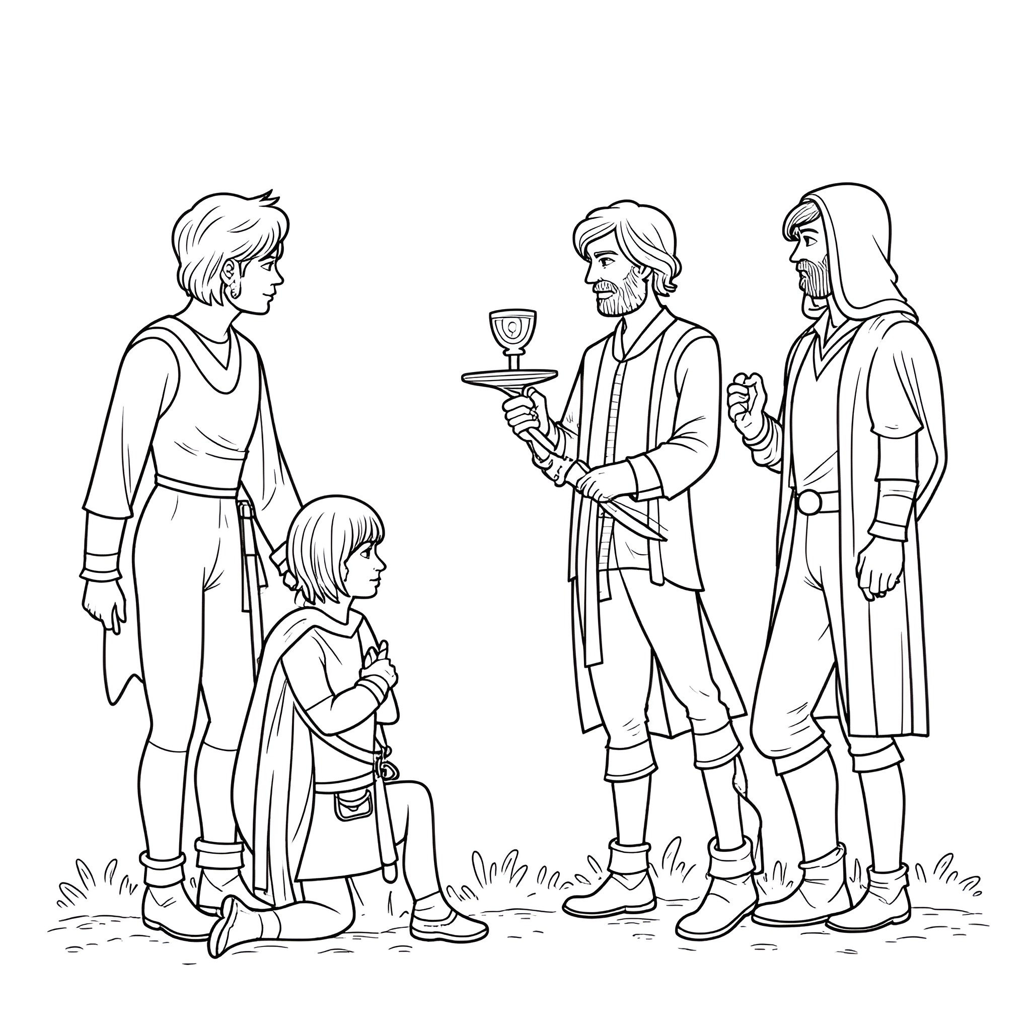 Python characters in medieval-inspired costumes Coloring Page (free black-and-white line drawing printable PDF for all, from beginners to advanced learners, including children, teens, adults, and seniors)