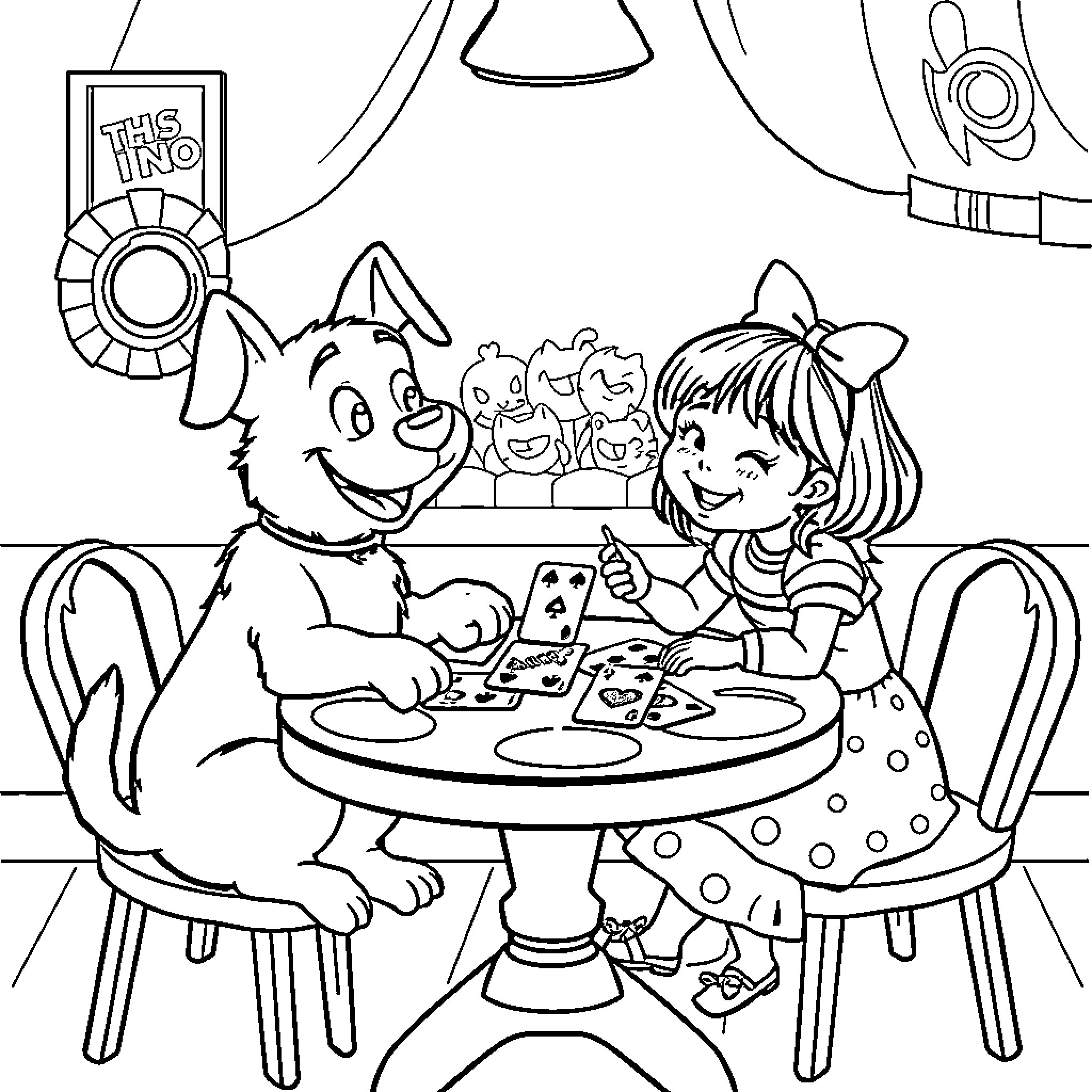 Dog and girl playing board game together Coloring Page (free black-and-white line drawing printable PDF for all, from beginners to advanced learners, including children, teens, adults, and seniors)