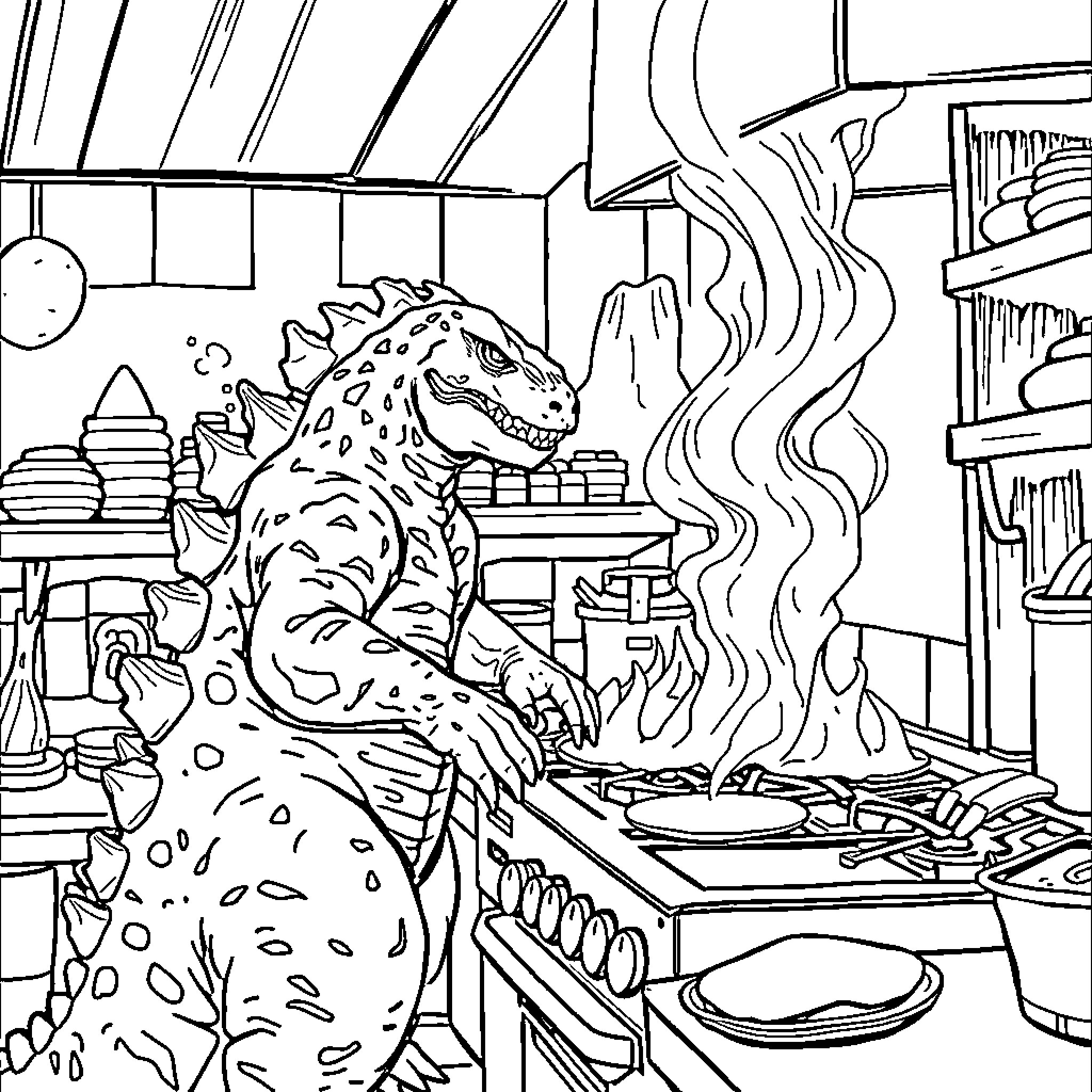 Godzilla Cooking Up a Storm in the Kitchen Coloring Page (free black-and-white line drawing printable PDF for all, from beginners to advanced learners, including children, teens, adults, and seniors)