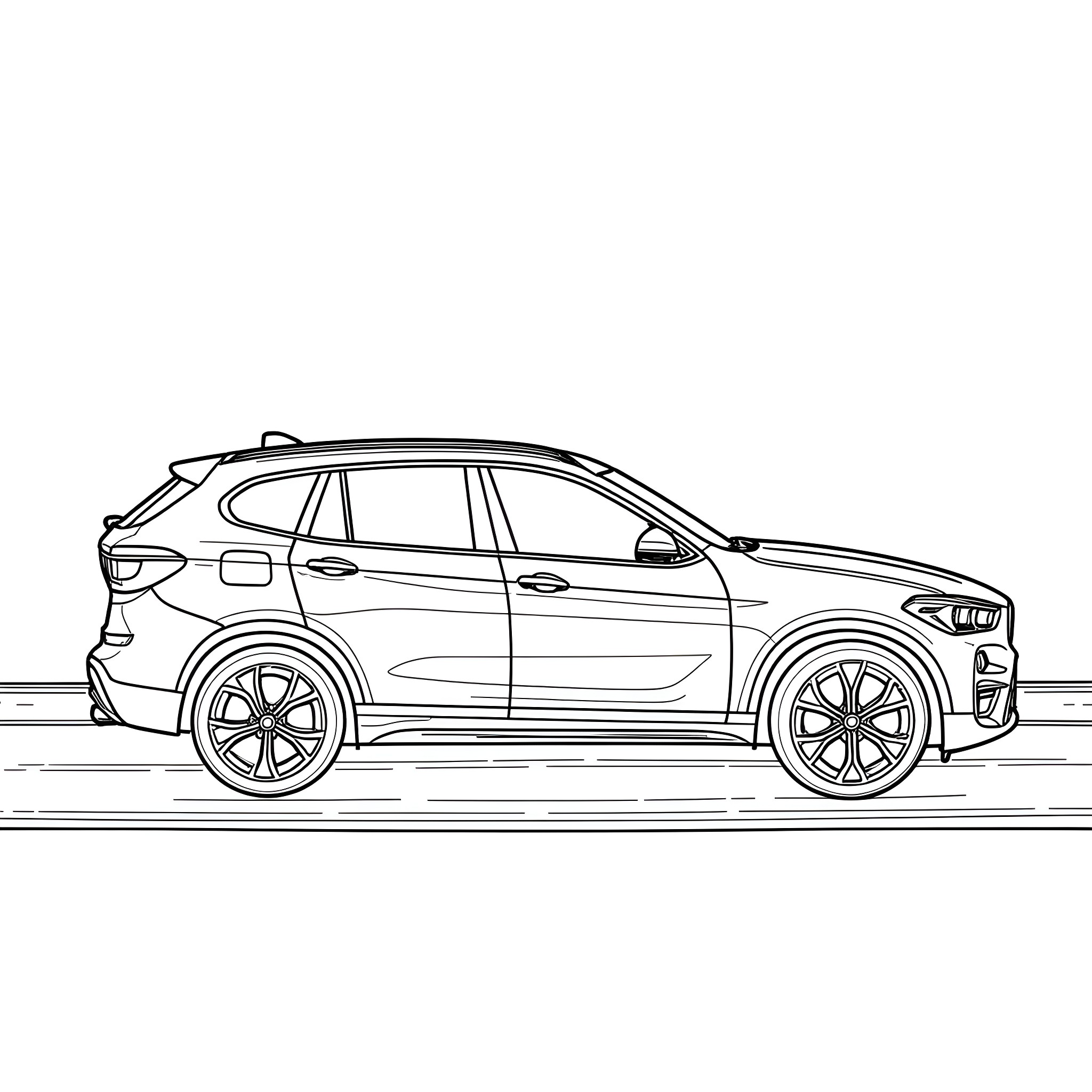 BMW X1 SUV in Line Art Coloring Page (free black-and-white line drawing printable PDF for all, from beginners to advanced learners, including children, teens, adults, and seniors)