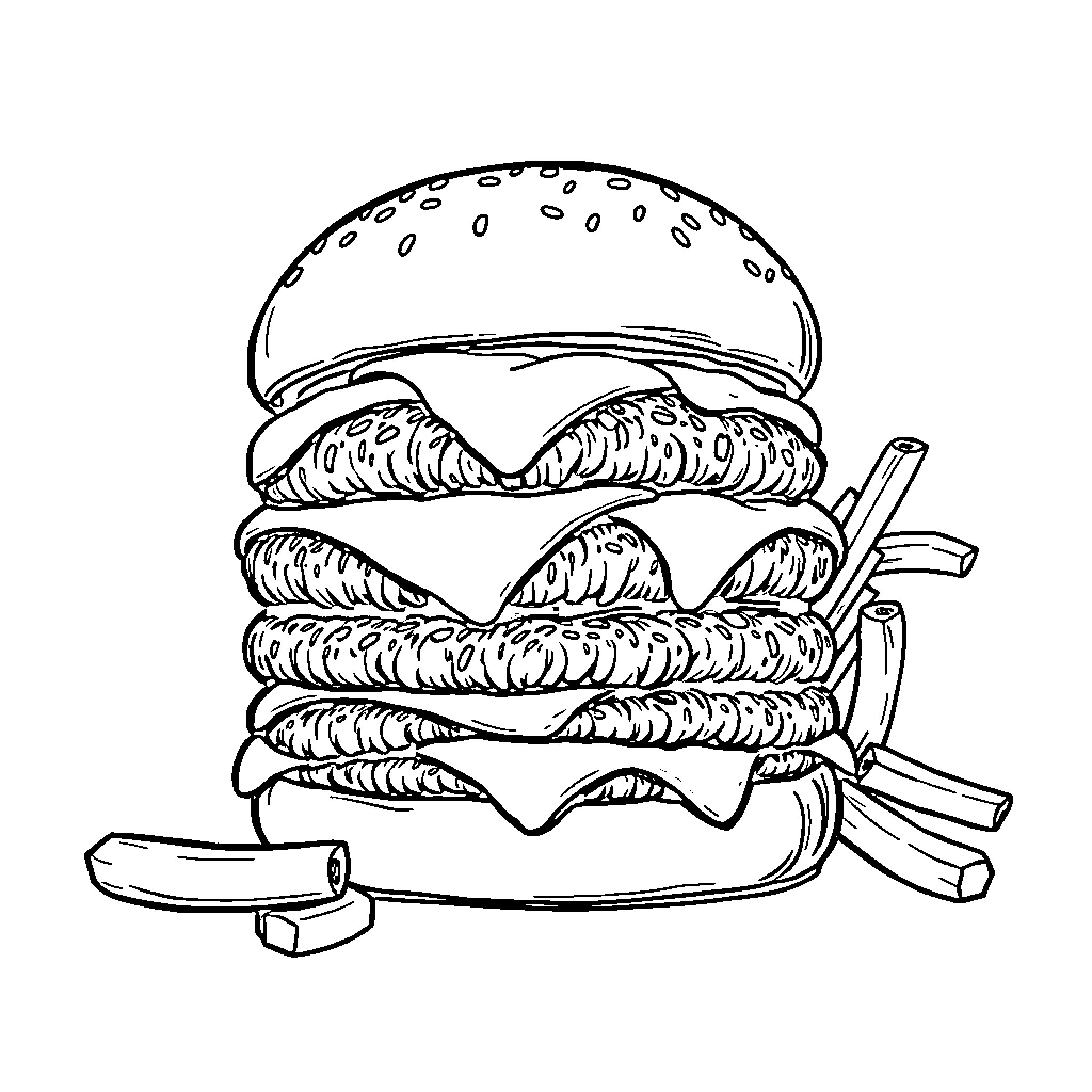Burger loaded with multiple patties and toppings Coloring Page (free black-and-white line drawing printable PDF for all, from beginners to advanced learners, including children, teens, adults, and seniors)