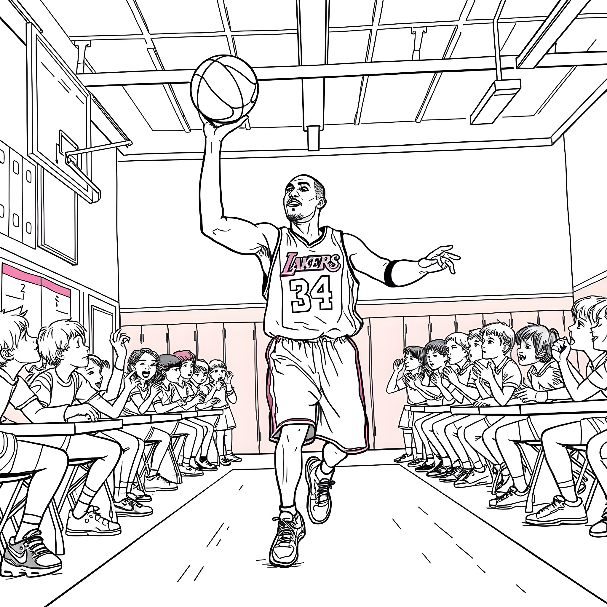 Kobe dribbling and shooting in a basketball game Coloring Page (free black-and-white line drawing printable PDF for all, from beginners to advanced learners, including children, teens, adults, and seniors)