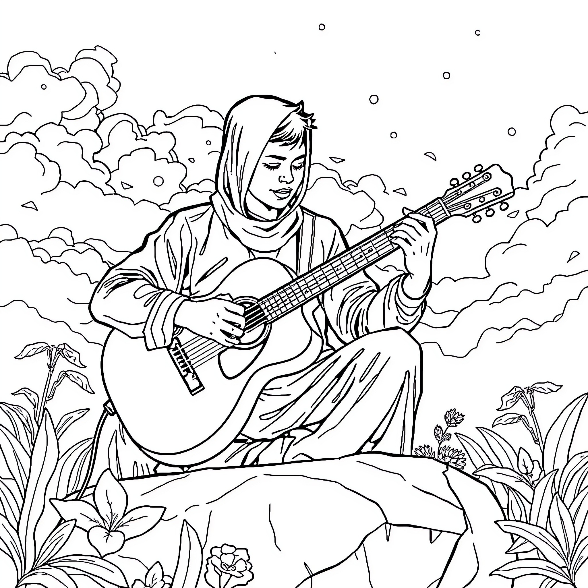 Guitarist playing guitar in mystical outdoor setting Coloring Page (free black-and-white line drawing printable PDF for all, from beginners to advanced learners, including children, teens, adults, and seniors)